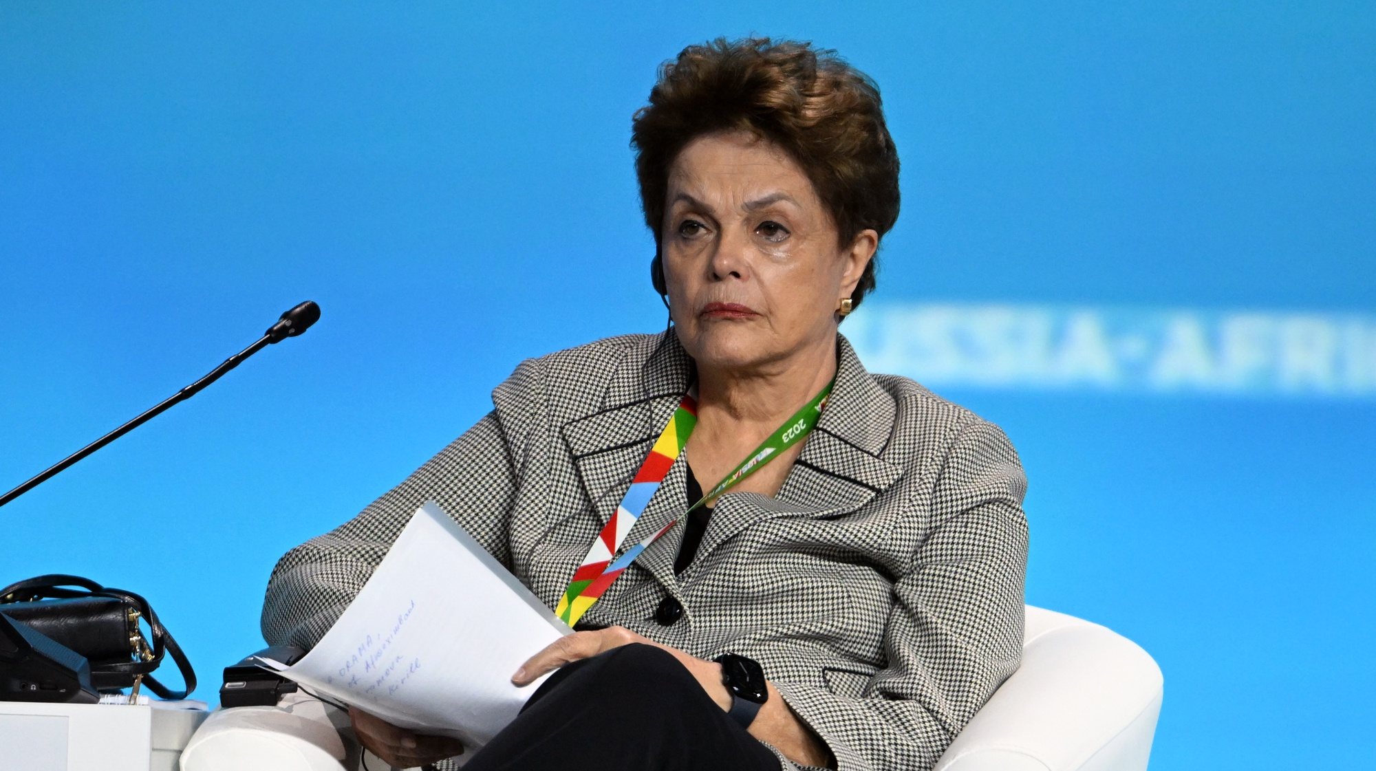 epa10771050 Head of the new BRICS Development Bank, Dilma Rousseff, attends a plenary session of the Second Summit Economic and Humanitarian Forum &#039;Russia-Africa&#039; in St.Petersburg, Russia, 27 July 2023. The Second Summit Economic and Humanitarian Forum &#039;Russia-Africa&#039; will take place from July 27 to 28 at the congress-exhibition center Expoforum in St.Petersburg.  EPA/PAVEL BEDNYAKOV / SPUTNIK / KREMLIN POOL MANDATORY CREDIT