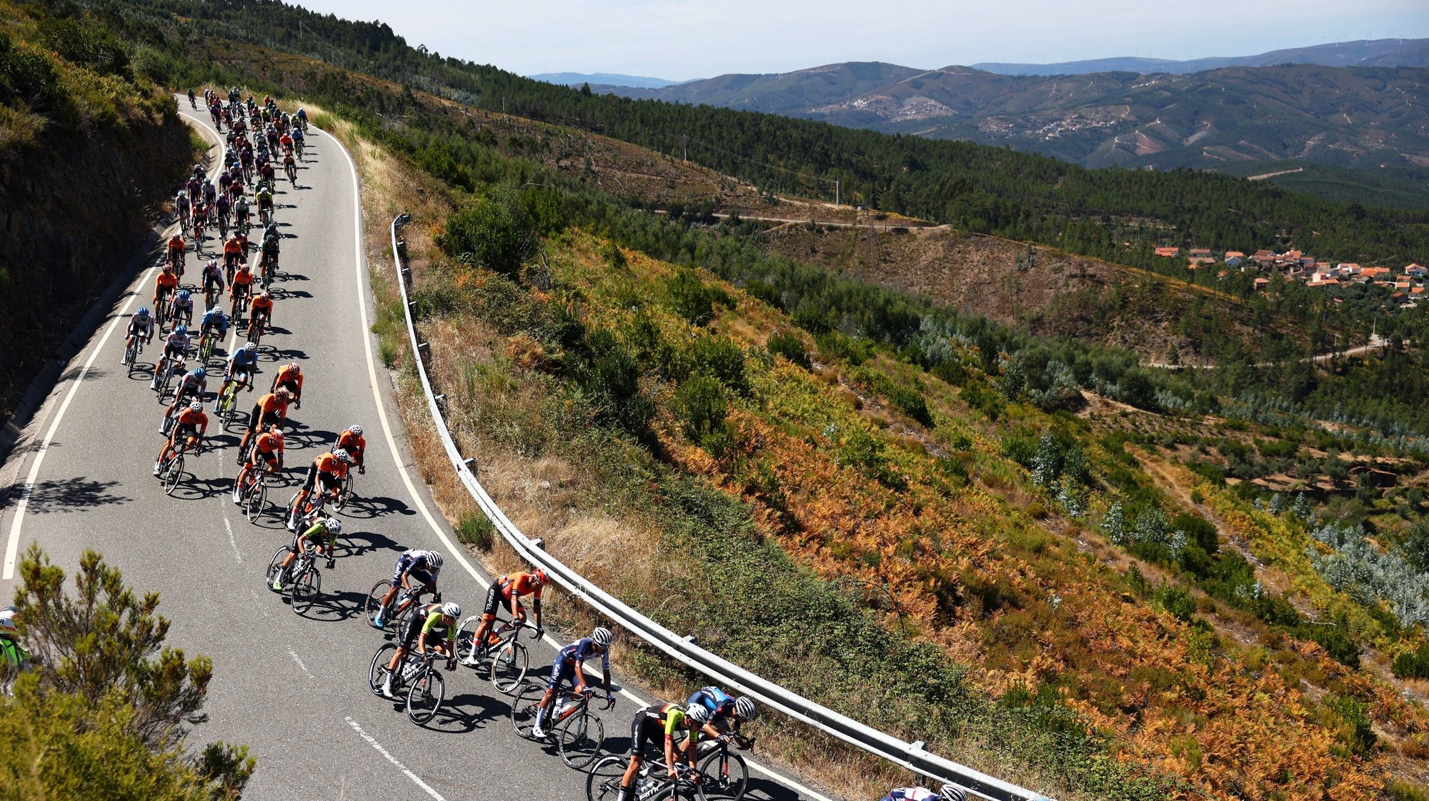 epa10800319 The peloton in action during the 5th stage of the 84th Volta a Portugal Cycling Tour over 185km between Macao and Covilha, Portugal, 14 August 2023.  EPA/NUNO VEIGA