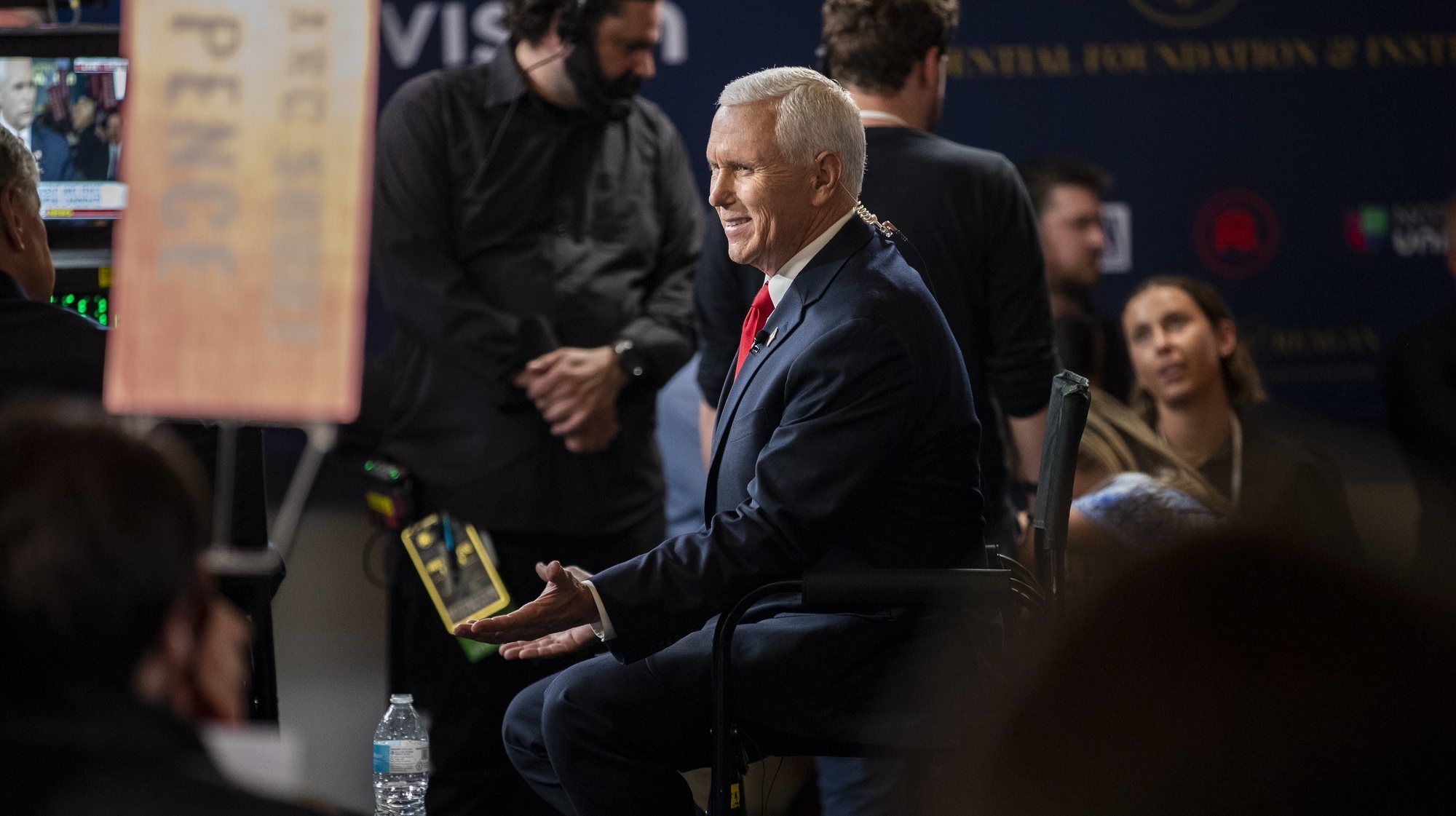 epa10887076 Former Vice President Mike Pence answers questions from media in the spin room following the GOP FOX Business Presidential Debate at the Ronald Reagan Presidential Library in Simi Valley, California, USA, 27 September 2023.  EPA/ETIENNE LAURENT