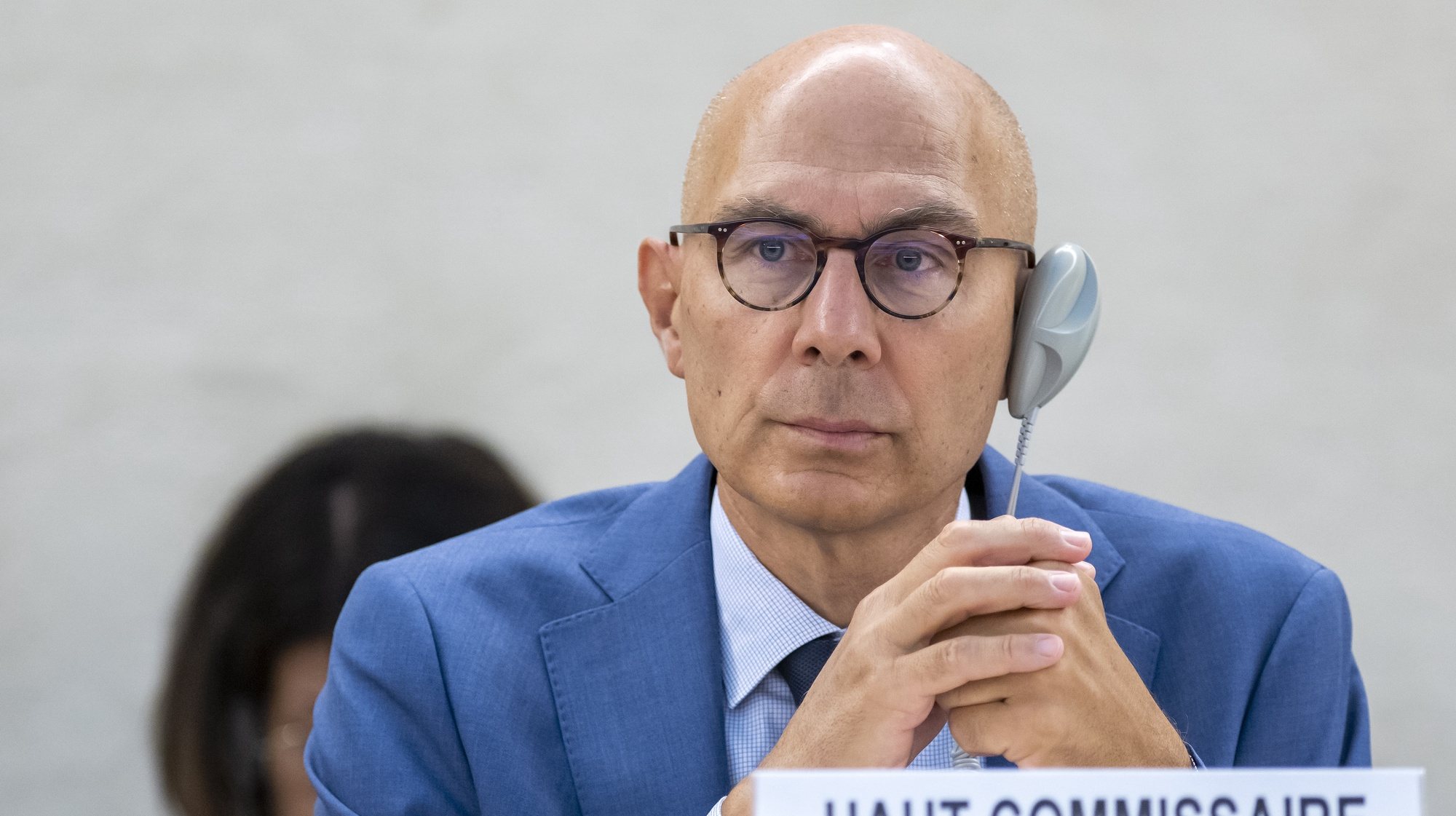 epa10858143 U.N. High Commissioner for Human Rights Volker Turk listens to a speech during the 54th session of the Human Rights Council, at the European headquarters of the United Nations in Geneva, Switzerland, 13 September 2023.  EPA/MARTIAL TREZZINI