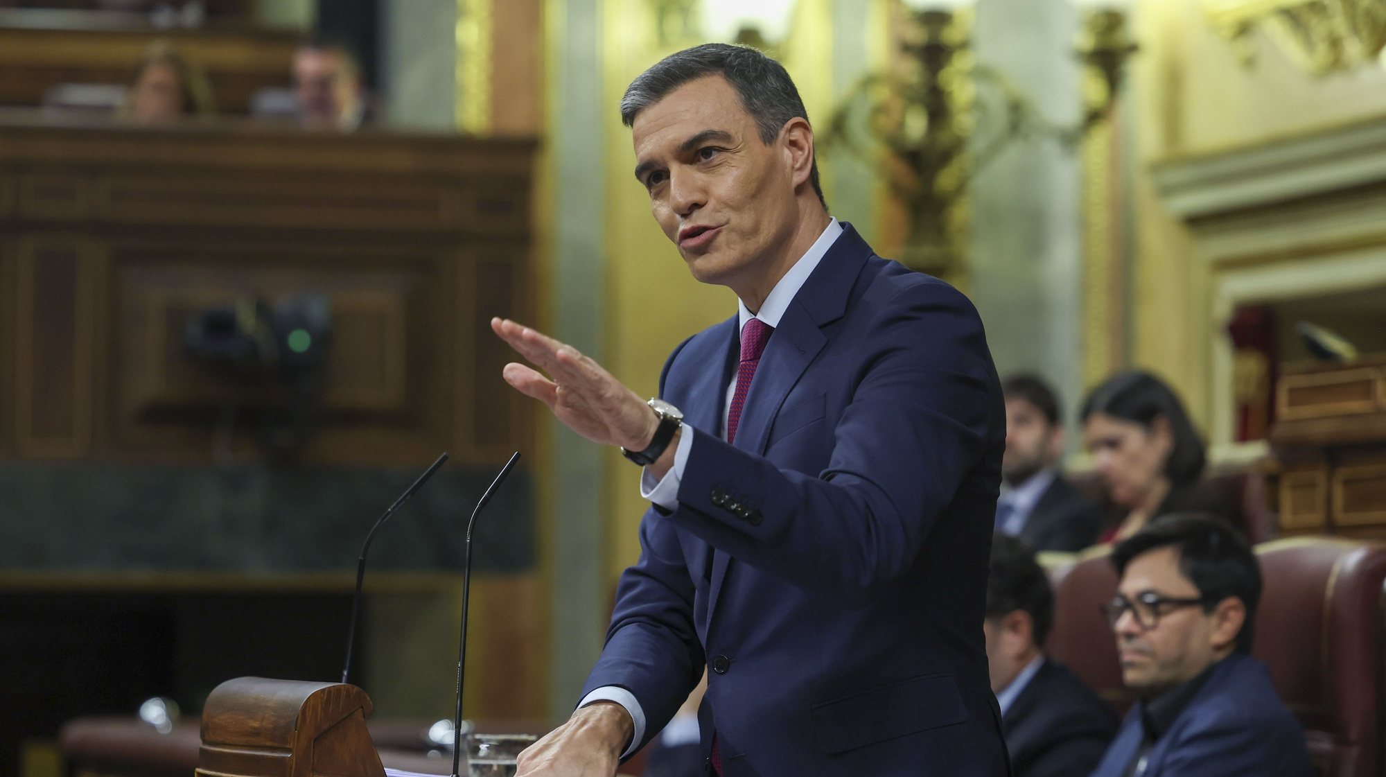 epa10976446 Spain&#039;s Acting Prime Minister Pedro Sanchez delivers a speech during the first day of his investiture debate at the Lower House of the Spanish Parliament, in Madrid, Spain, 15 November 2023. Pedro Sanchez faces his investiture debate in the parliament at a time of great political tension around the amnesty law. He is expected to be invested in a second term this week after PSOE party reached a deal with Catalan pro-independence party Junts per Catalunya (JxCat), led by former Catalan president Carles Puigdemont, by which Catalan separatists involved in the so-called independence &#039;process&#039; in 2017 would be amnestied in exchange of the key support of seven JxCat MPs, among other concessions.  EPA/Kiko Huesca