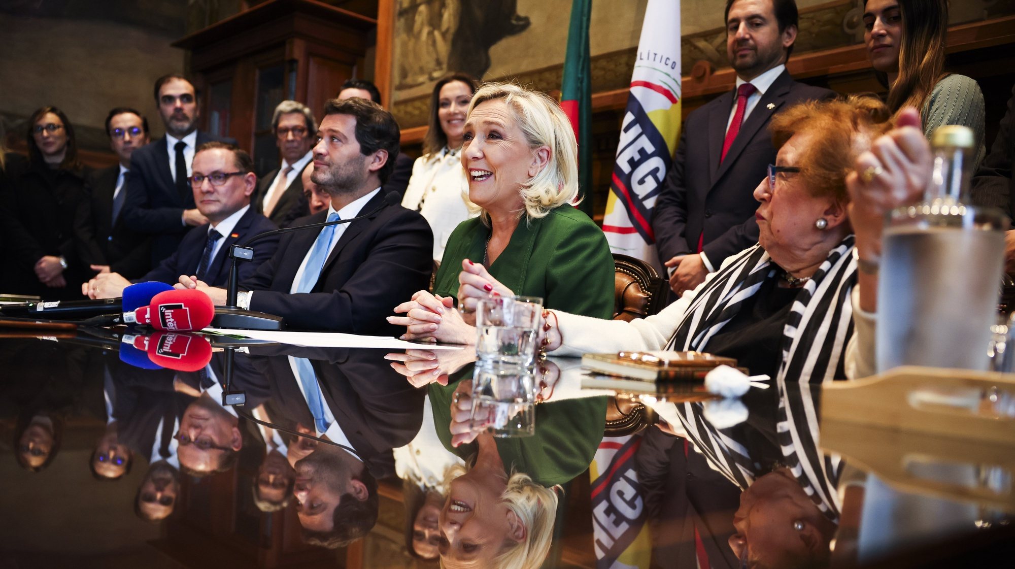 The leader of far right party Chega, Andre Ventura (C), the leader of French parliamentary group from Rassemblement National, Marine Le Pen (2-R), and the German politician of the far-right Alternative for Germany (AfD ) Tino Chrupalla (L), during a joint press conference held at the Portuguese Parliament, in Lisbon, Portugal, 24 November 2023. JOSE SENA GOULAO/LUSA