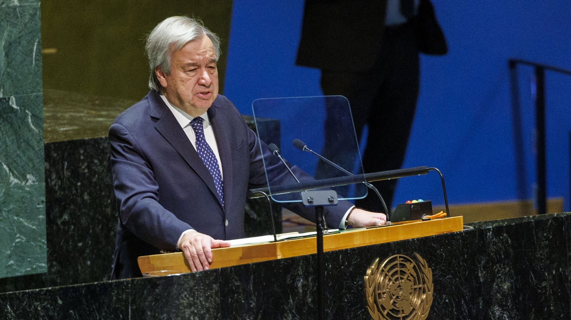 epa11031175 Secretary General of the United Nations, Antonio Guterres, speaks during the 75th anniversary of the Universal Declaration of Human Rights and Human Rights Prize award ceremony at the United Nations Headquarters in New York, New York, USA, 15 December 2023. The Universal Declaration of Human Rights was proclaimed by the United Nations General Assembly on 10 December 1948 in Paris.  EPA/SARAH YENESEL