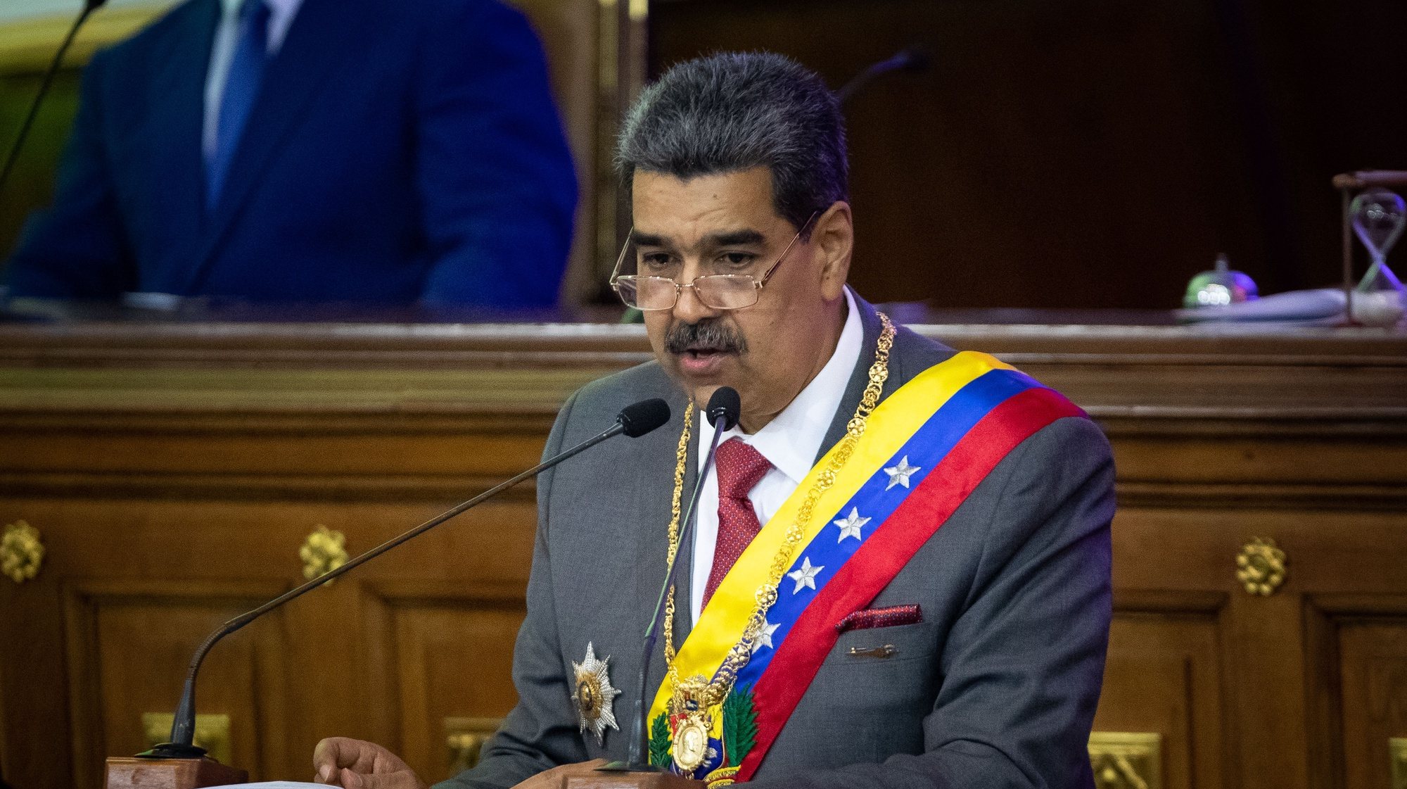epa11080211 Venezuelan president, Nicolas Maduro, presents his accountability before the National Assembly (AN, Parliament), in Caracas, Venezuela, 15 January 2024. Maduro gave his annual message before Parliament, controlled by the ruling party, where he gave an account of his management during 2023 and the plans for 2024, when the country will hold presidential elections. Among other topics, the Venezuelan president referred to the commemoration of Teachers&#039; Day in the country and the United States sanctions.  EPA/Rayner PeÃ±a R.