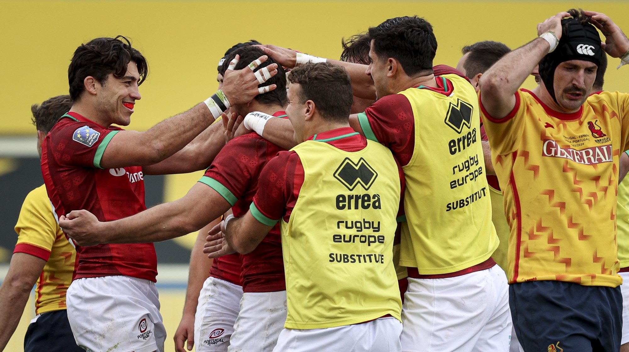 Portugal players celebrates during a Rugby Europe Championship 2024 match against Spain in Lisbon, Portugal, 03 march 2024. FILIPE AMORIM/LUSA