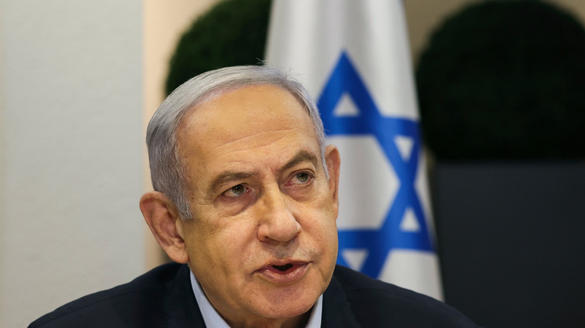 epa11253801 (FILE) - Israeli Prime Minister Benjamin Netanyahu calls the weekly cabinet meeting at the Ministry of Defense in Tel Aviv, Israel, January 7, 2024 (reissued March 31, 2024).  Israeli Prime Minister Benjamin Netanyahu will undergo surgery for a hernia, his office announced on March 31, 2024. EPA / RONEN ZVULUN / POOL