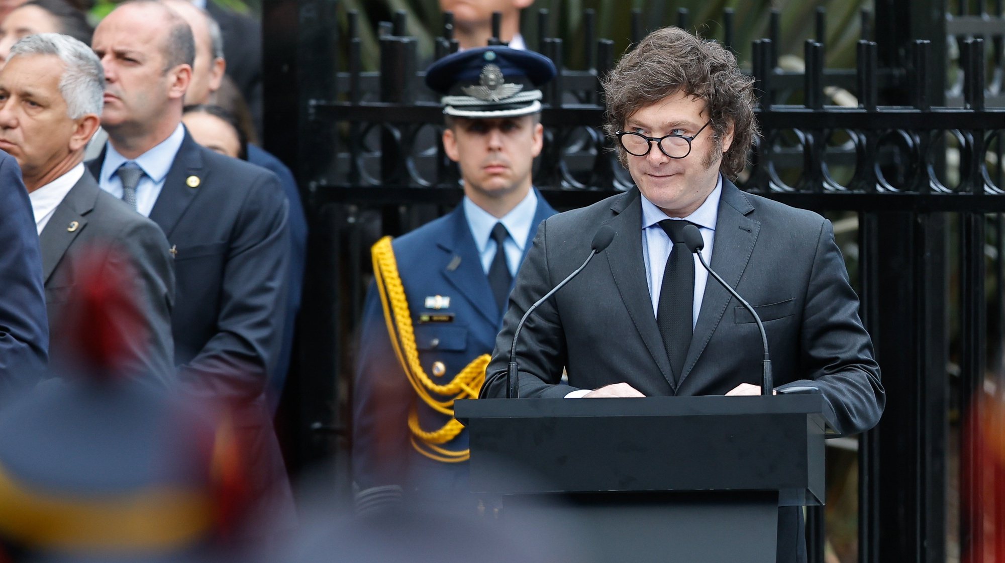 epa11255512 Argentina&#039;s President Javier Milei participates in an event commemorating the 42nd anniversary of the Falklands war, in the Plaza San Martin in Buenos Aires, Argentina, 02 April 2024. The country remembers the 1982 confrontation between Argentina and Britain that lasted 74 days and caused 649 deaths on the Argentine side, 255 on the British and three island civilians.  EPA/JUAN IGNACIO RONCORONI