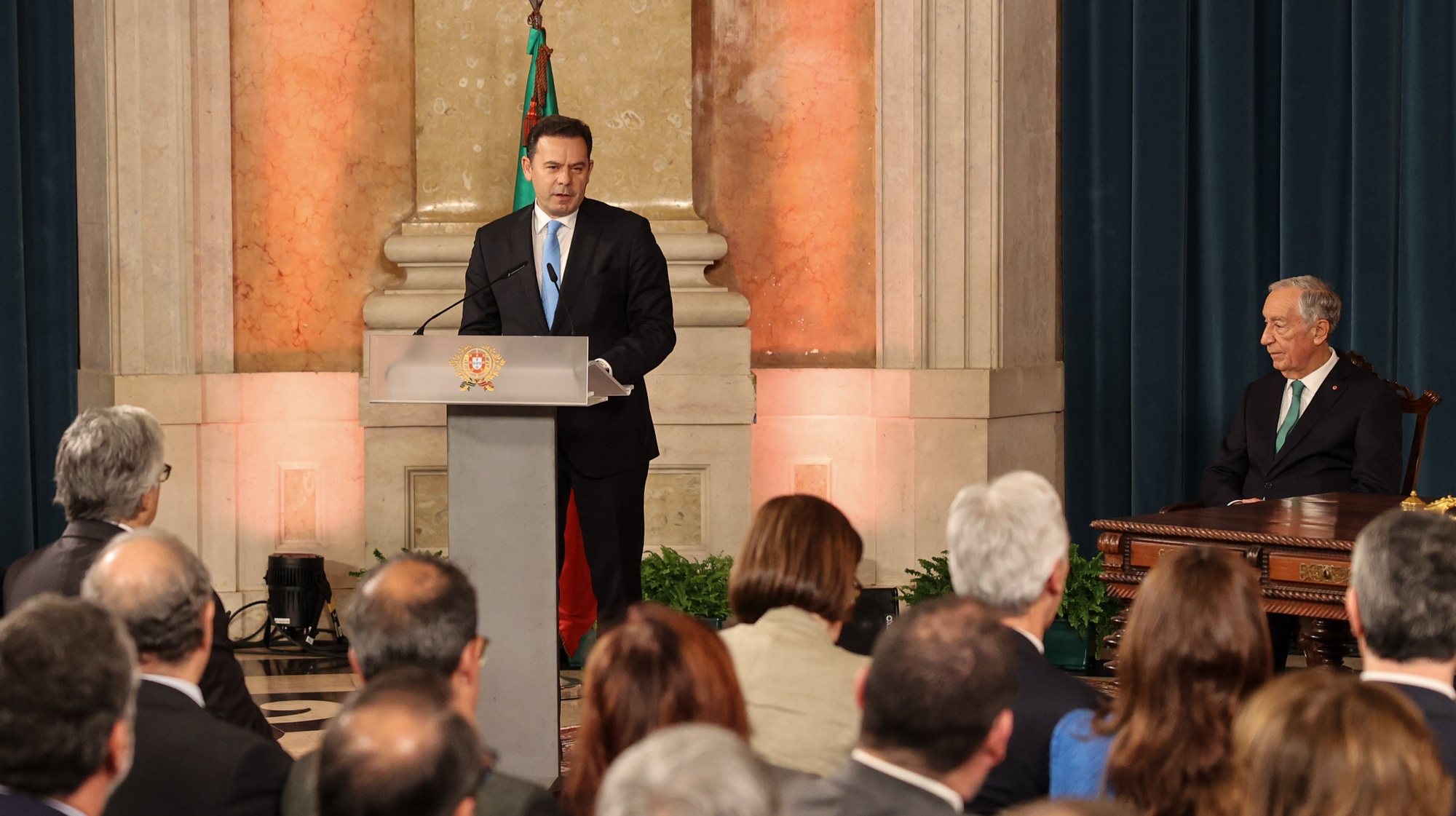The new Portuguese Prime Minister Luis Montenegro, speak during the swearing in cerimony of the XXIV Constitutional Government held at Ajuda Palace, in Lisbon, Portugal, 02 April March 2024. These legislative elections resulted in the victory of AD - a pre-election coalition formed by PSD, CDS-PP and People&#039;s Monarchist Party (PPM) - by around 54,000 votes (0.85%) more than the PS, the narrowest margin in the history of Portuguese democracy. The two coalitions led by the PSD (the AD on the mainland and in the Azores, and Madeira Primeiro with the PSD and CDS-PP in Madeira) - won 28.83% of the votes and 80 members of parliament (78 for the PSD and two from the CDS-PP), according to the official results. The PS was the second-most-voted party with 27.98% and 78 MPs. JOAO RELVAS/LUSA
