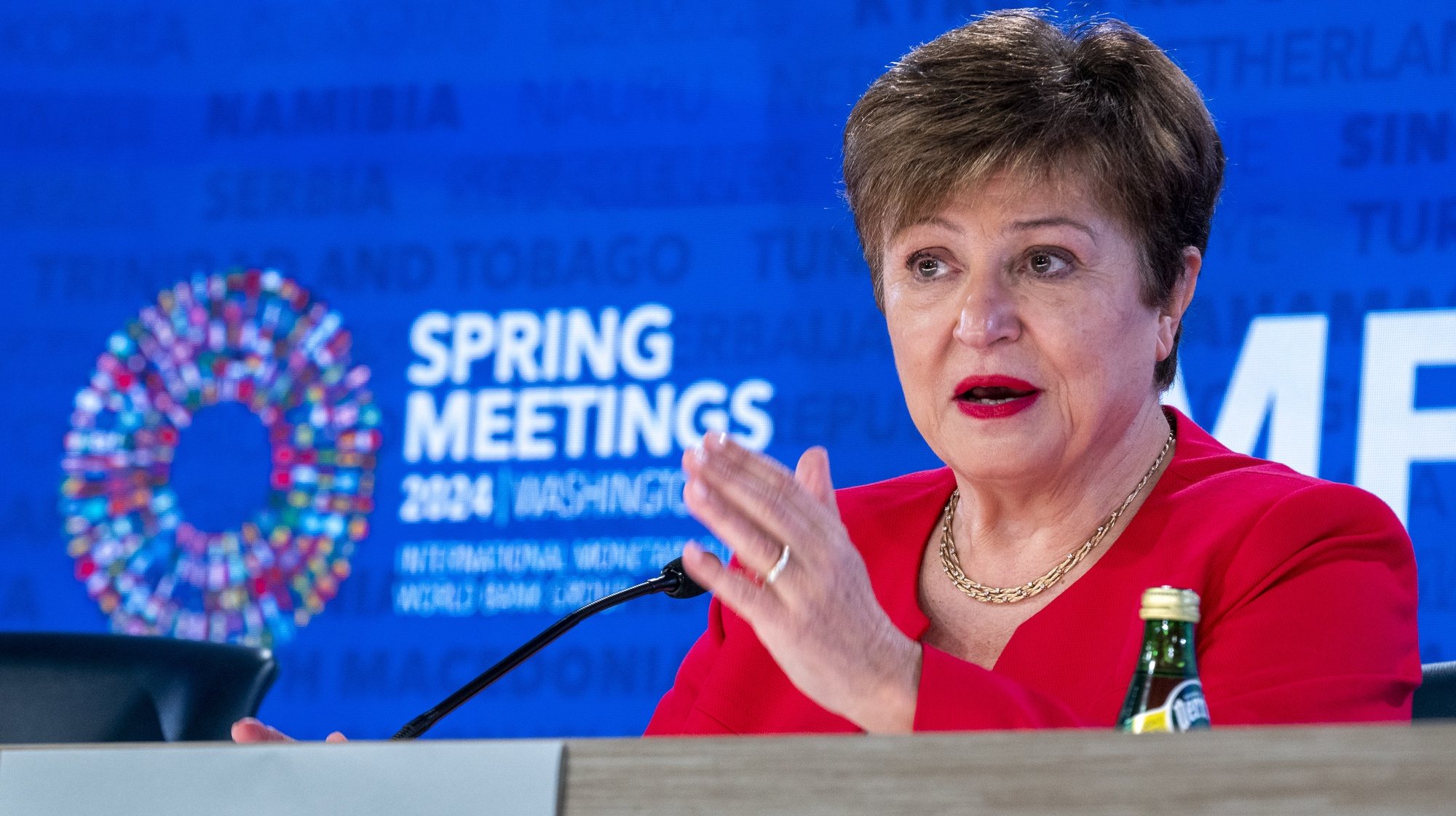 epa11286475 International Monetary Managing Director Kristalina Georgieva responds to a question from the news media during her press briefing on the Global Policy Agenda at the 2024 Spring Meetings of the IMF and the World Bank Group (WBG) in Washington, DC, USA, 18 April 2024.ÃŠThe Spring Meetings bring together finance ministers and central bank governors from around the world and run 15-20 April.  EPA/SHAWN THEW