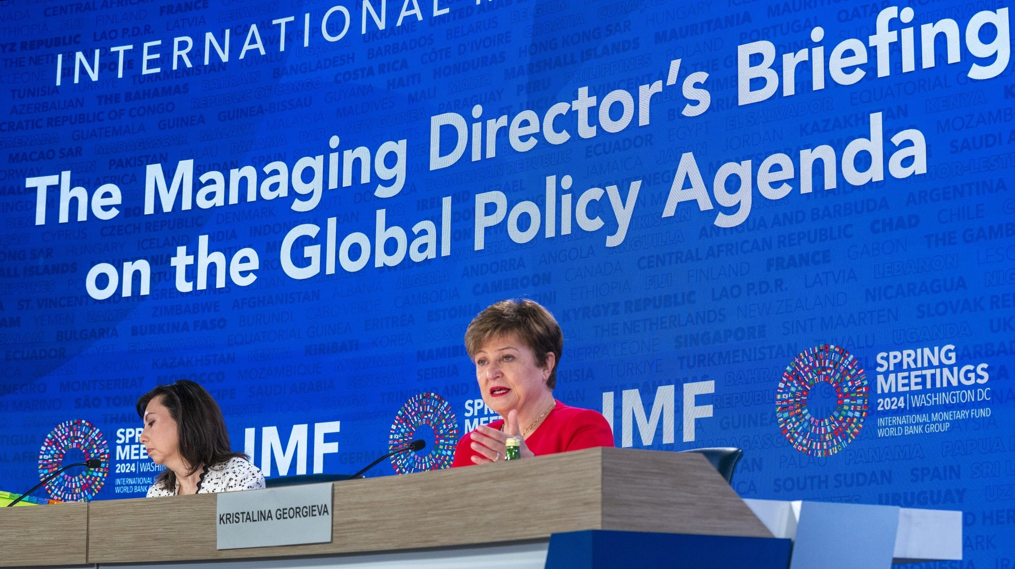 epa11286481 International Monetary Managing Director Kristalina Georgieva responds to a question from the news media during her press briefing on the Global Policy Agenda at the 2024 Spring Meetings of the IMF and the World Bank Group (WBG) in Washington, DC, USA, 18 April 2024.ÃŠThe Spring Meetings bring together finance ministers and central bank governors from around the world and run 15-20 April.  EPA/SHAWN THEW