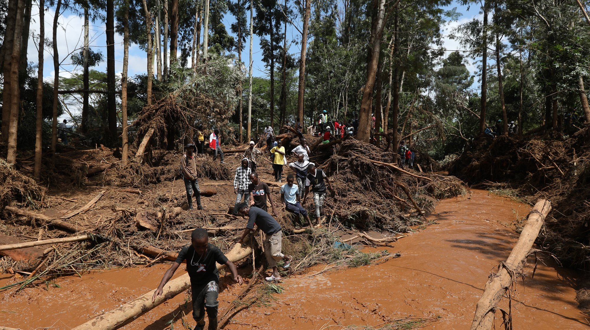 epa11308848 Local residents use fallen trees to cross a river afterÂ Old Kijabe Dam burst its banks and caused flash floods through several villages in Mai Mahiu, in the Rift Valley region of Naivasha, Kenya, 29 April 2024. The flash floods left behind a trail of damaged houses that got swept away, claiming 42 death so far as search and rescue mission continues, according to Kenya Red Cross Society. Kenya and the wider East African region continue to experience flooding due to the ongoing heavy rainfall.  EPA/DANIEL IRUNGU