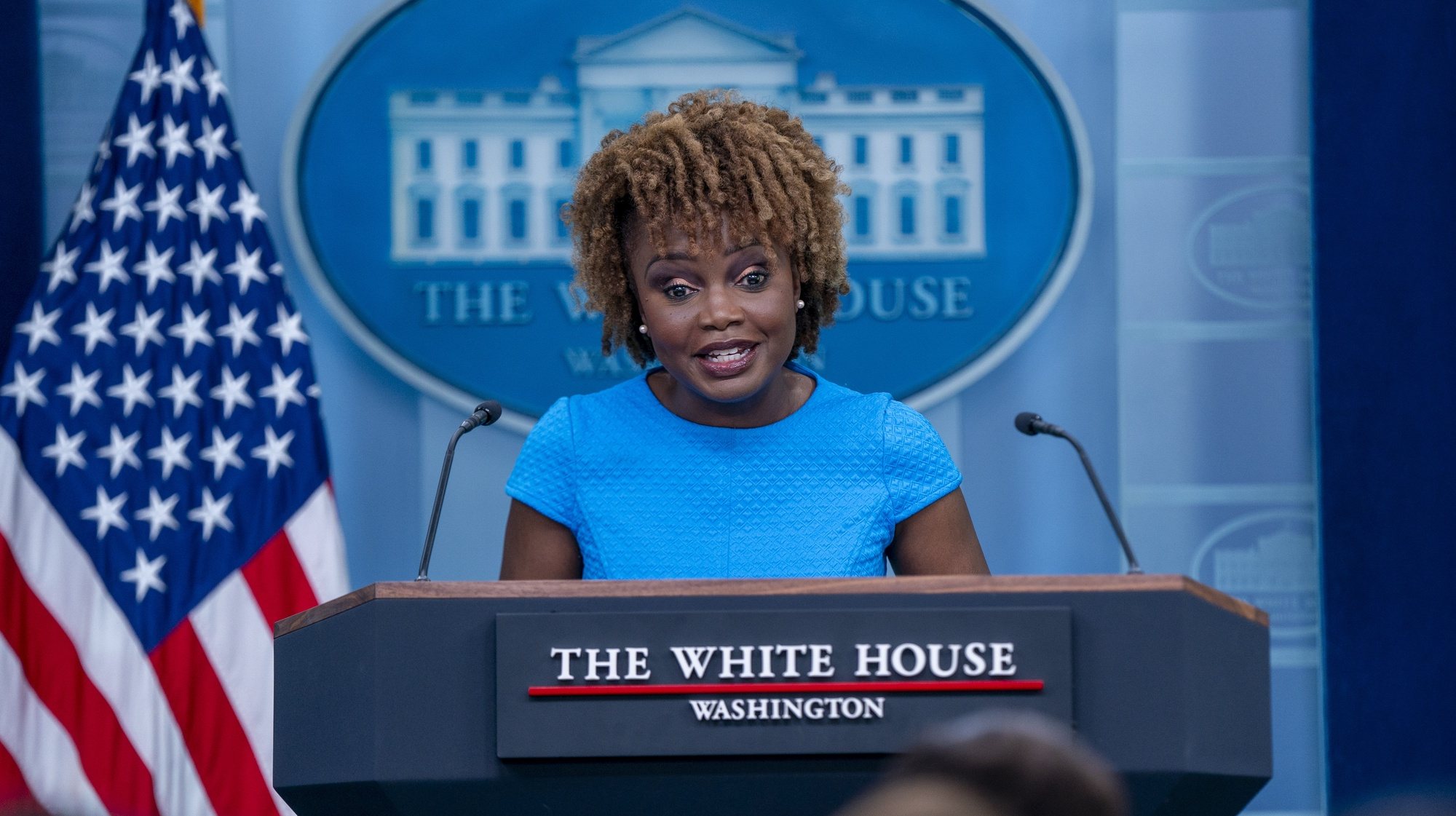 epa11312906 White House Press Secretary Karine Jean-Pierre responds to a question from the news media during the daily press briefing at the White House in Washington, DC, USA, 01 May 2024. Jean-Pierre said that President Biden was receiving updates on the demonstrations at US college campuses.  EPA/SHAWN THEW