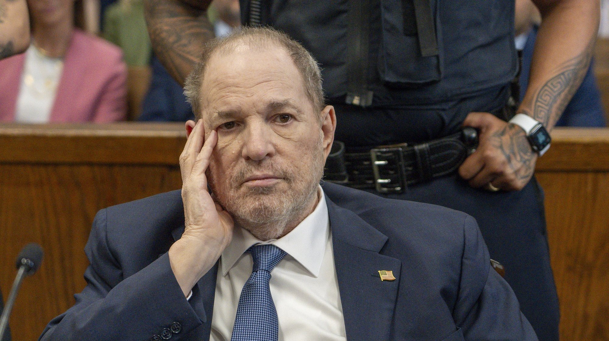 epa11313103 Former film producer Harvey Weinstein appears at New York criminal court in New York, New York, USA, 01 May 2024. Harvey Weinstein appeared in court after New York State Appeals Court last week overturned his 2020 rape conviction.  EPA/STEVEN HIRSCH / POOL