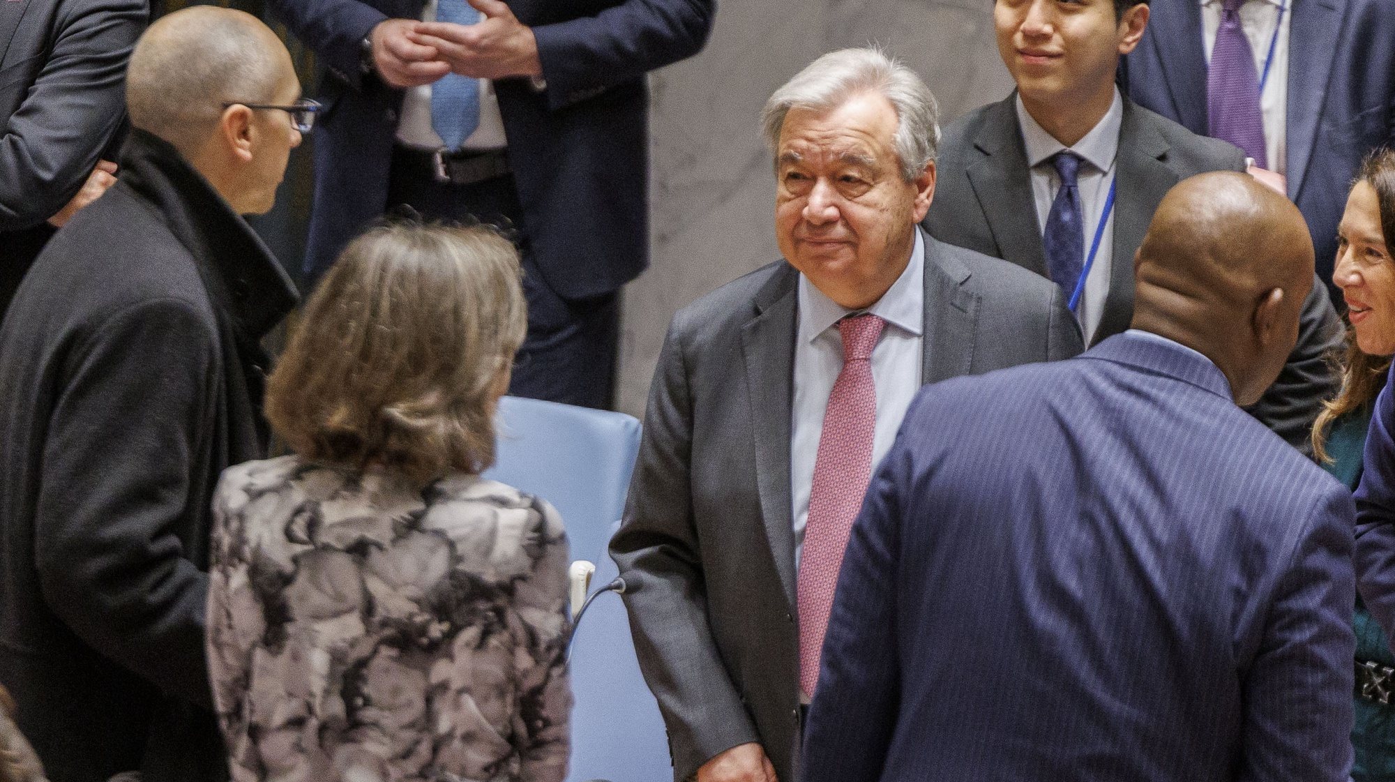 epa11286554 Secretary General of the United Nations Antonio Guterres (C) greets other attendees before a Security Council meeting at United Nations Headquarters in New York, New York, USA, 18 April 2024.  EPA/SARAH YENESEL