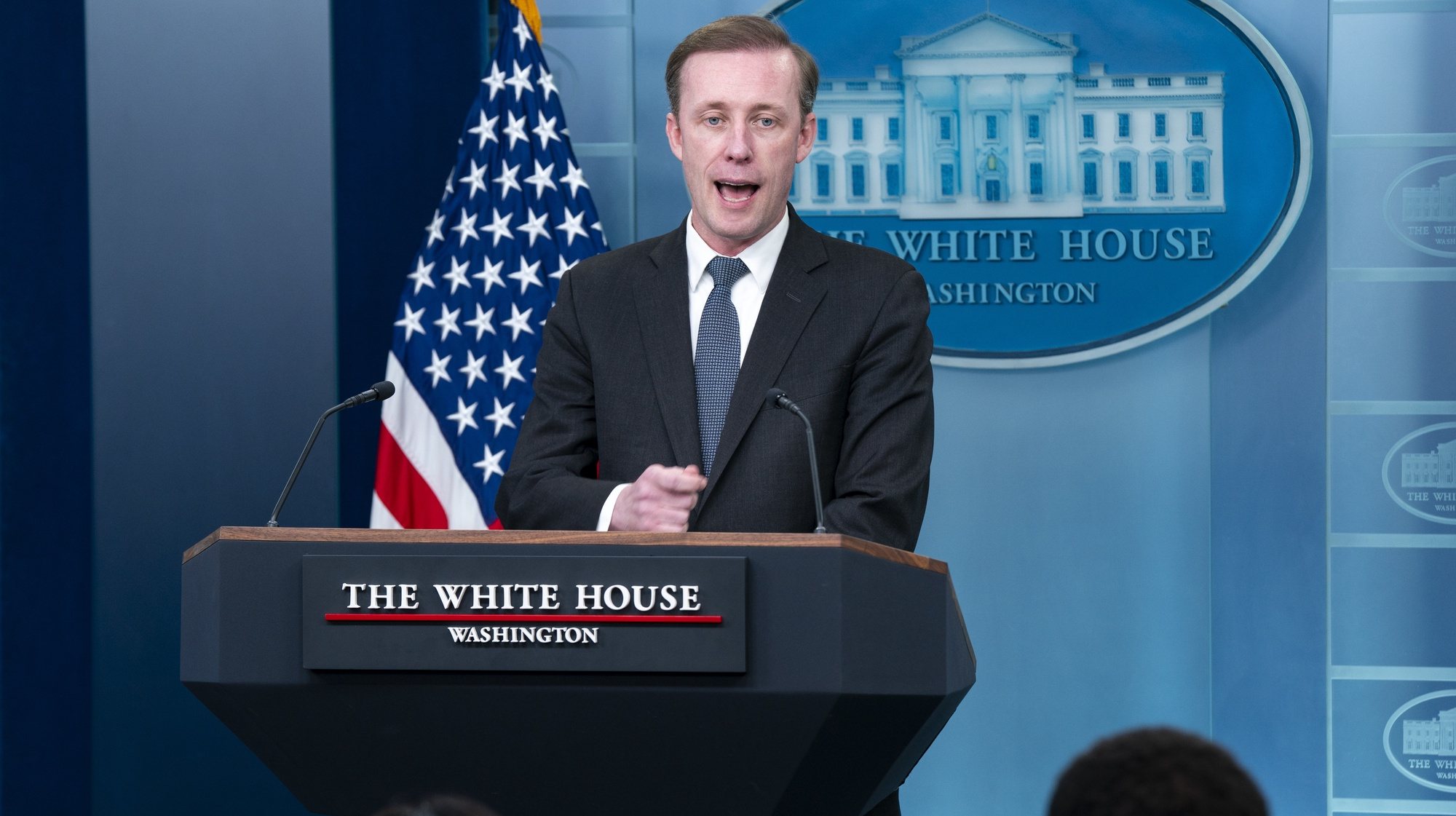 epa11337826 National Security Advisor Jake Sullivan responds to a question from the news media during the daily briefing at the White House in Washington, DC, USA, 13 May 2024. Sullivan briefed and responded to questions about US President Biden&#039;s Israel policy.  EPA/SHAWN THEW