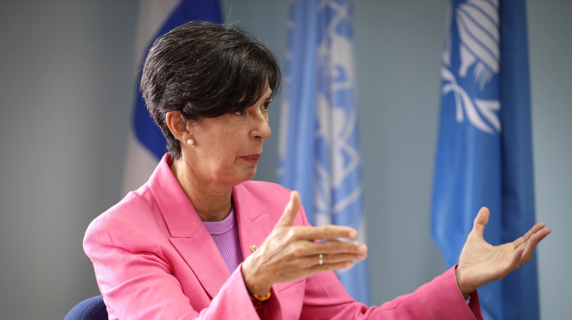 epa10748222 World Food Program (WFP) Regional Director for Latin America and the Caribbean Region Lola Castro speaks in an interview with EFE at the WFP offices in Panama City, Panama, 14 July 2023 (issued 15 July 2023). The World Food Program (WFP) is suffering a funding cut that will affect some 2.5 million people who are acutely food insecure in Latin America and the Caribbean, Castro said.  EPA/Bienvenido Velasco