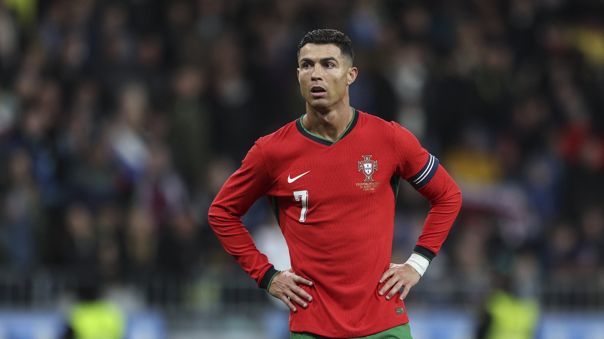 Portugal`s Cristiano Ronaldo reacts during their friendly soccer match with Slovenia in preparation for the upcoming Euro 2024 held at Stozice Stadium in Ljubljana, Slovenia, 26th March 2024. MIGUEL A. LOPES/LUSA
