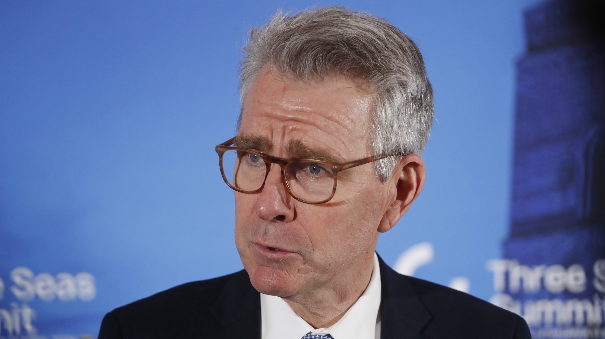 epa11272253 US Assistant Secretary of State for Energy Resources Geoffrey R. Pyatt speaks to the media during the doorstep of the Three Seas (3SI) Summit at the Palace of the Grand Dukes of Lithuania in Vilnius, Lithuania, 11 April 2024.  EPA/TOMS KALNINS