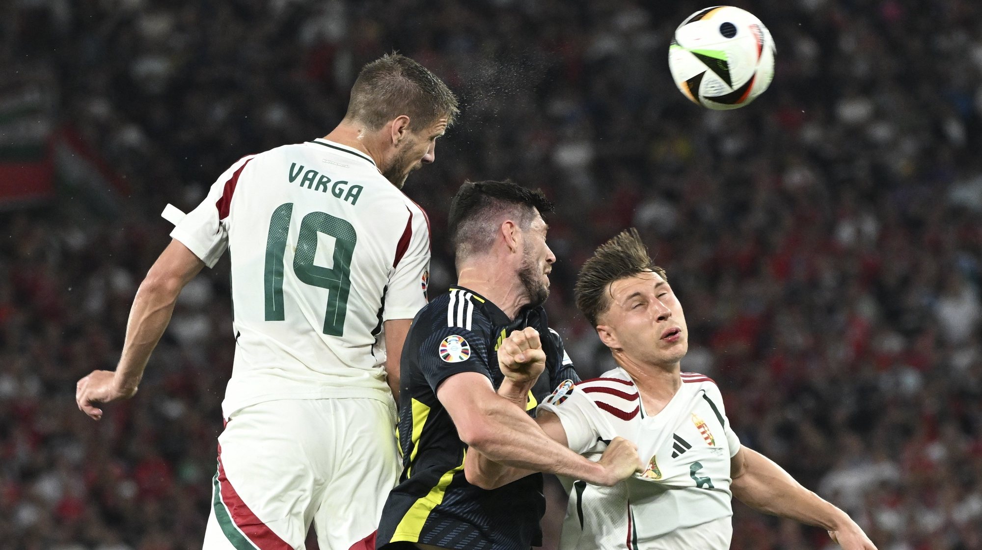 epa11433281 Barnabas Varga (L) and Willi Orban (R) of Hungary in action against Scott McKenna of Scotland during the UEFA EURO 2024 Group A soccer match between Scotland and Hungary, in Stuttgart, Germany, 23 June 2024.  EPA/Tibor Illyes HUNGARY OUT