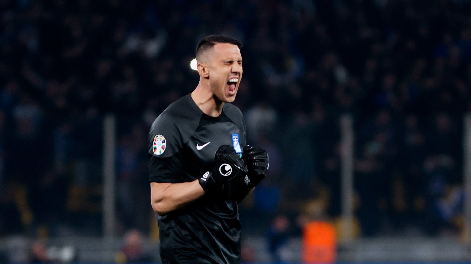epa11234977 Greece’s goalkeeper Odysseas Vlachodimos celebrates a goal of the team during the UEFA EURO 2024 play-offs semi-finals soccer match between Greece and Kazakhstan in Athens, Greece, 21 March 2024.  EPA/GEORGIA PANAGOPOULOU