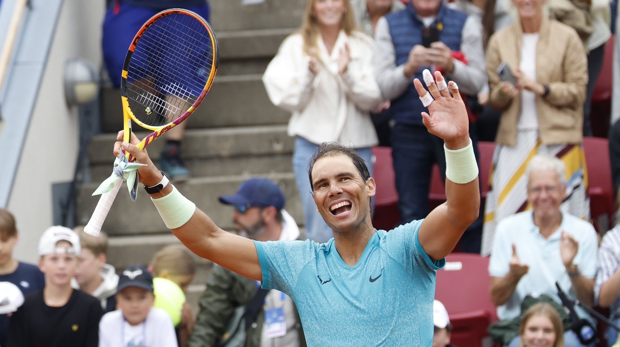 epa11481809 Rafael Nadal of Spain celebrates winning his men&#039;s singles first round match against Leo Borg of Sweden during the Nordea Open Tennis tournament in Bastad, Sweden, 16 July 2024.  EPA/Adam Ihse SWEDEN OUT