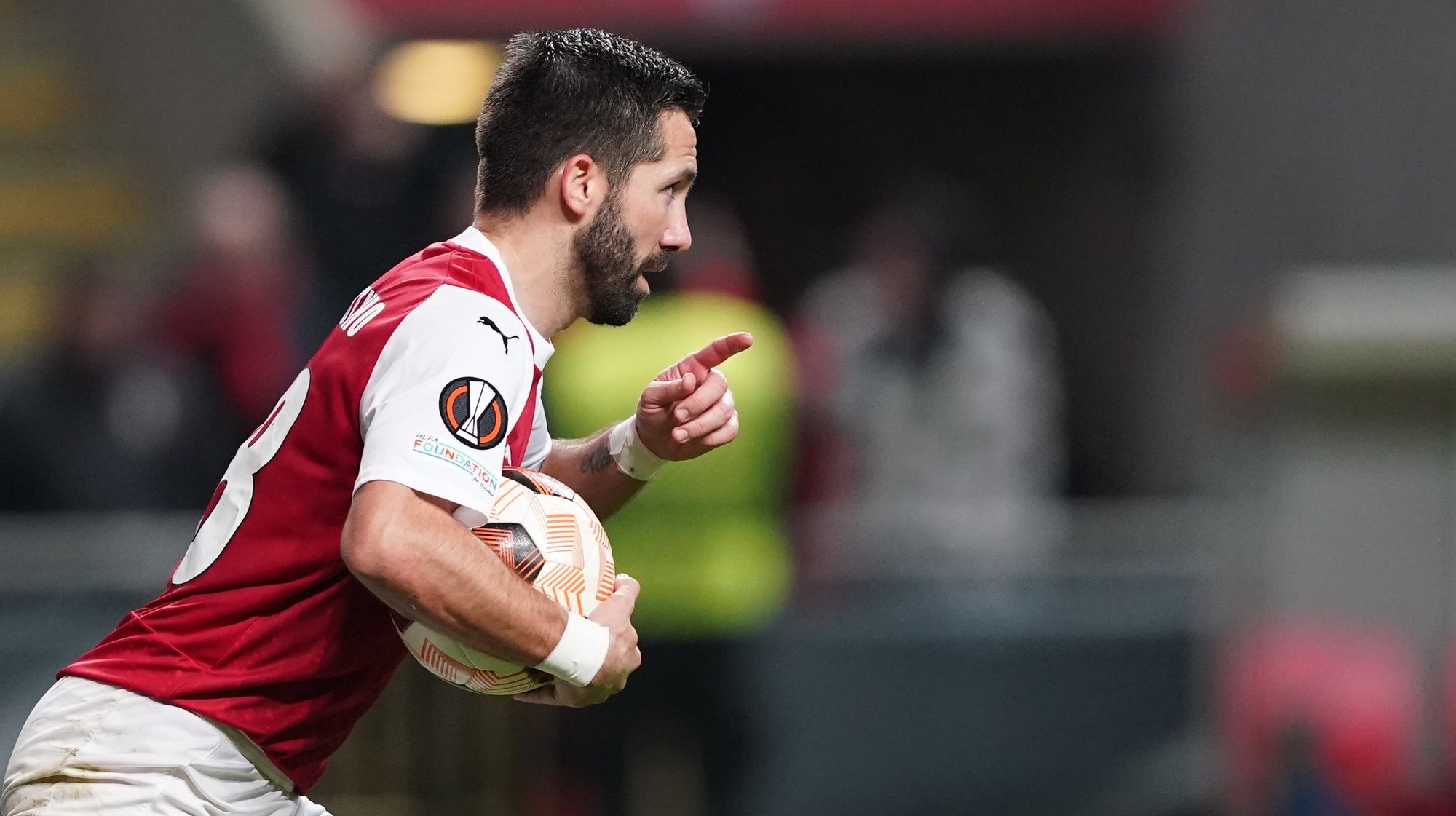 Braga player Joao Moutinho celebrates after scoring the second goal against Qarabag during their UEFA Europa League knockout round playoff first leg match, in Braga, north of Portugal, 15 February 2024. HUGO DELGADO/LUSA