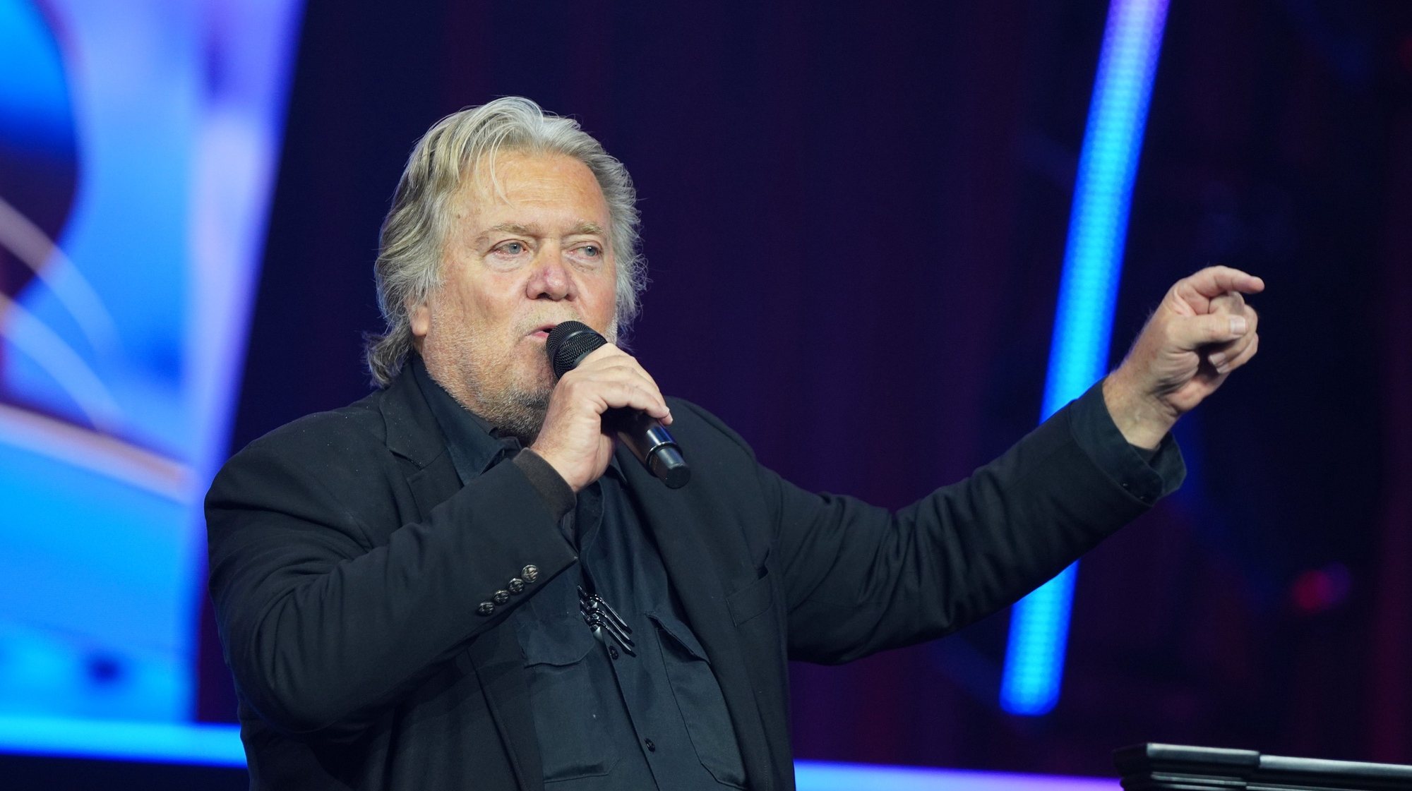 epa11413380 Steve Bannon, former senior counselor to former president Donald J. Trump, speaks at The People’s Convention, a gathering of prominent conservatives organized by the political group Turning Point Action, in Detroit, Michigan, USA, 15 June 2024.  EPA/DIEU-NIALO CHERY