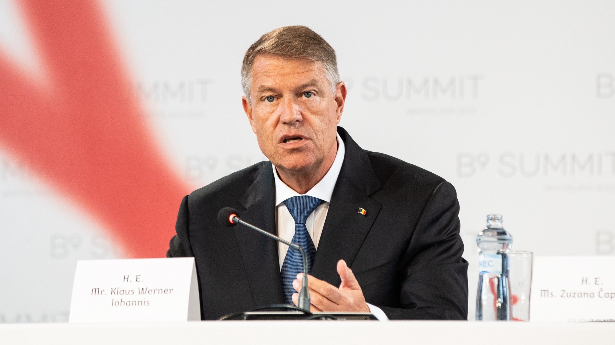 epa10676172 Romanian President Klaus Iohannis at the press conference after the summit of the Bucharest Nine, at the Bratislava Castle in Bratislava, Slovakia, 06 June 2023. The leaders of the Bucharest Nine have been meeting regularly since 2015 to align their positions ahead of NATO summits.  EPA/JAKUB GAVLAK