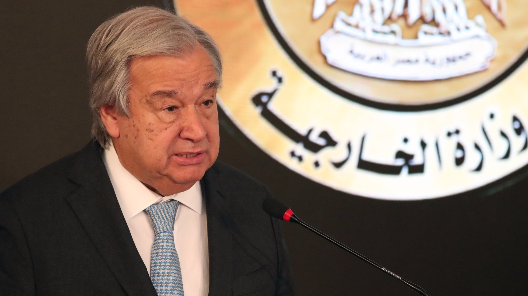 epa11240913 Secretary-General of the United Nations Antonio Guterres speaks during a press conference with Egyptian Foreign Minister (not pictured) at the foreign ministry office at the New Administrative Capital (NAC), Egypt, 24 March 2024. Guterres arrived in Egypt on 23 March as part of his annual Ramadan solidarity trip, during which he met with Egyptian officials and travelled to northern Sinai to meet with UN humanitarian workers in Rafah on the Egyptian side of border with Gaza.  EPA/KHALED ELFIQI