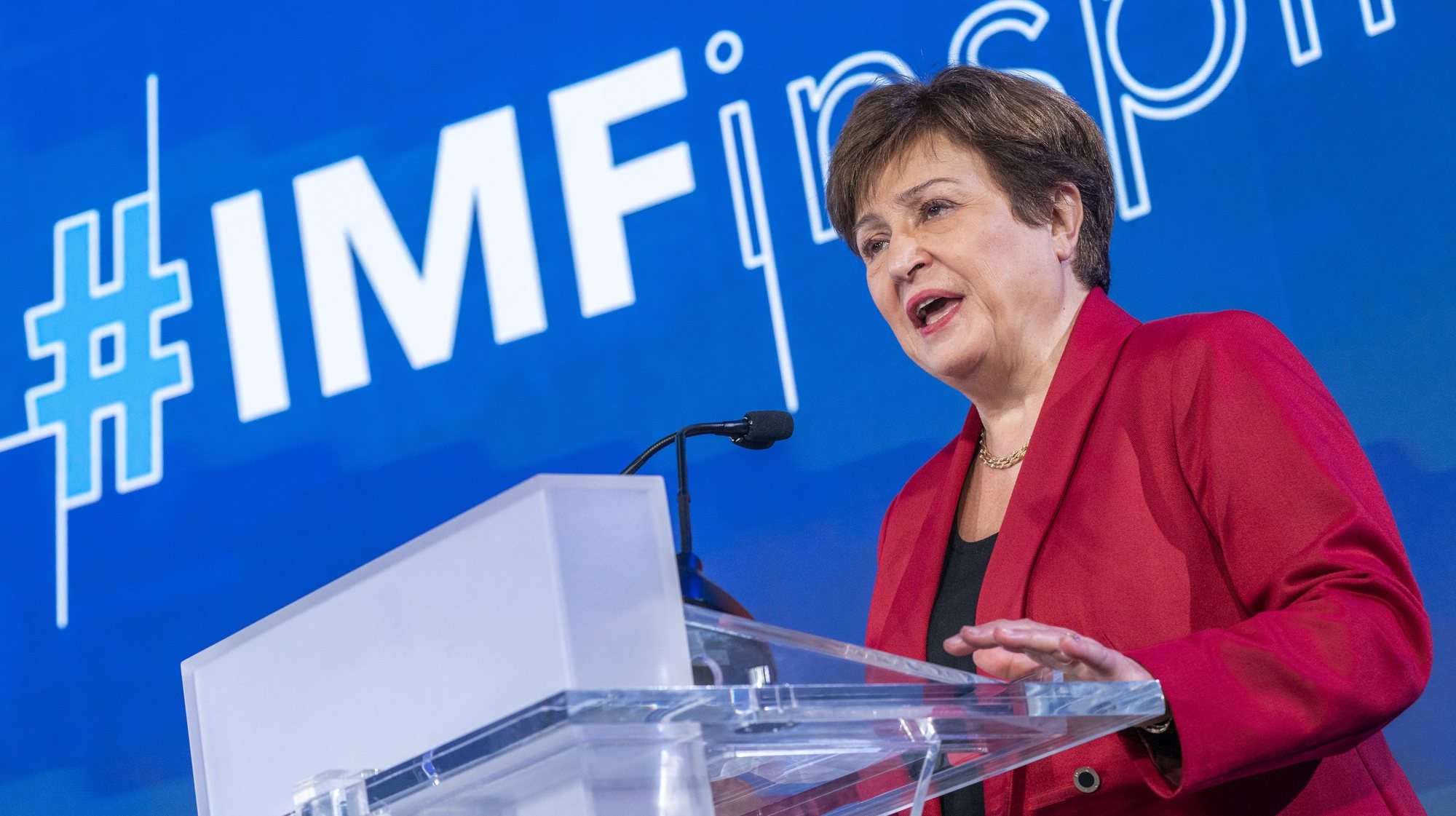 epa10567722 International Monetary Fund (IMF) Managing Director Kristalina Georgieva delivers opening remarks at the &#039;Lessons from Anthropology for the Modern Economist&#039; session during the 2023 Spring Meetings of the IMF and the World Bank Group (WBG), in Washington, DC, USA, 10 April 2023. The Spring Meetings run from 10 to 15 April 2023.  EPA/SHAWN THEW