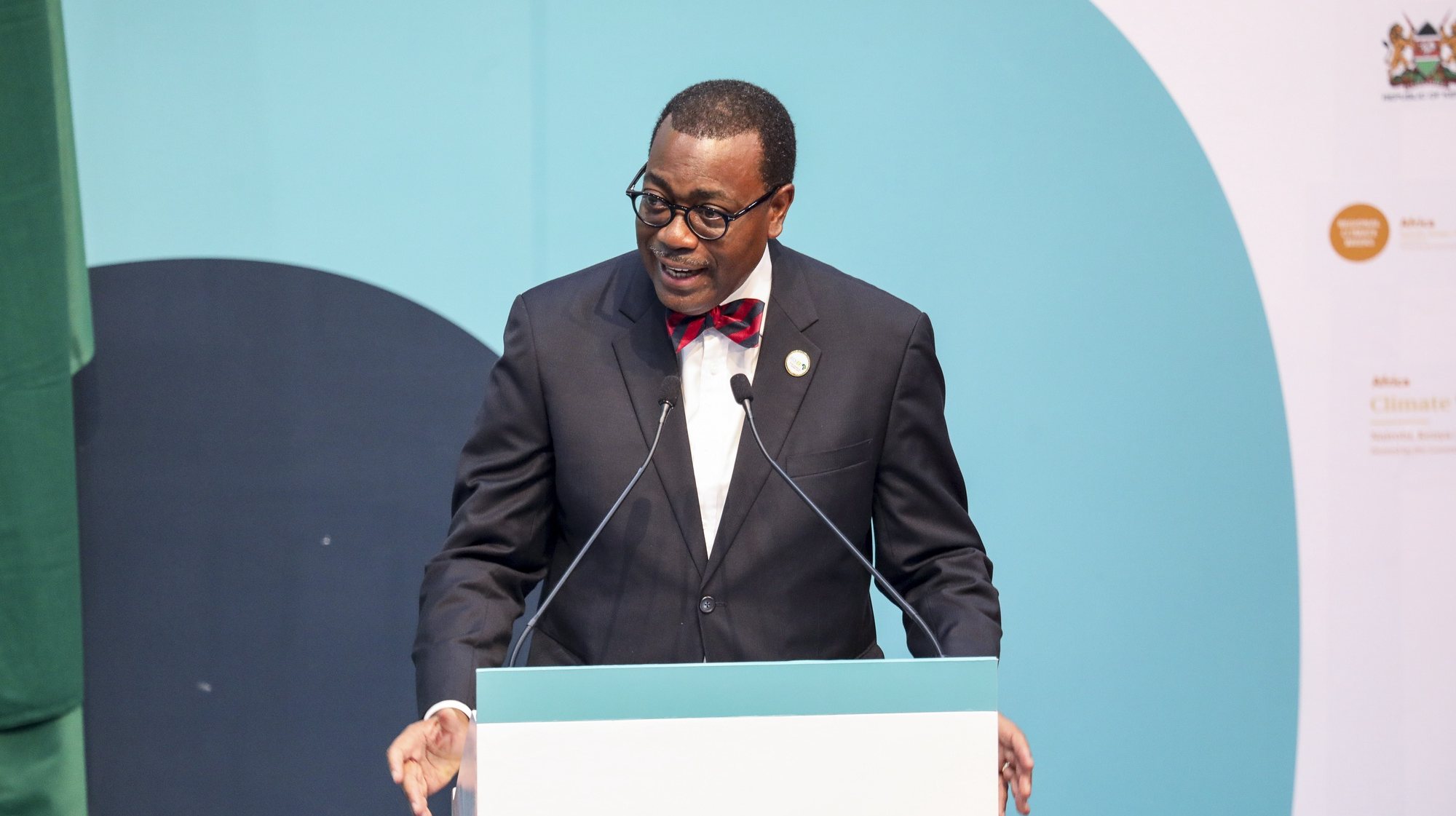 epa10841491 President of African Development Bank Akinwumi Adesina speaks during the Presidential Day of the ongoing Inaugural Africa Climate Summit (ACS23), at the Kenyatta International Convention Centre (KICC) in Nairobi, Kenya, 05 September 2023. African heads of states are expected to present Africa as a solution to the global warming crisis in a declaration expected to be signed later on during the ongoing summit.  EPA/DANIEL IRUNGU