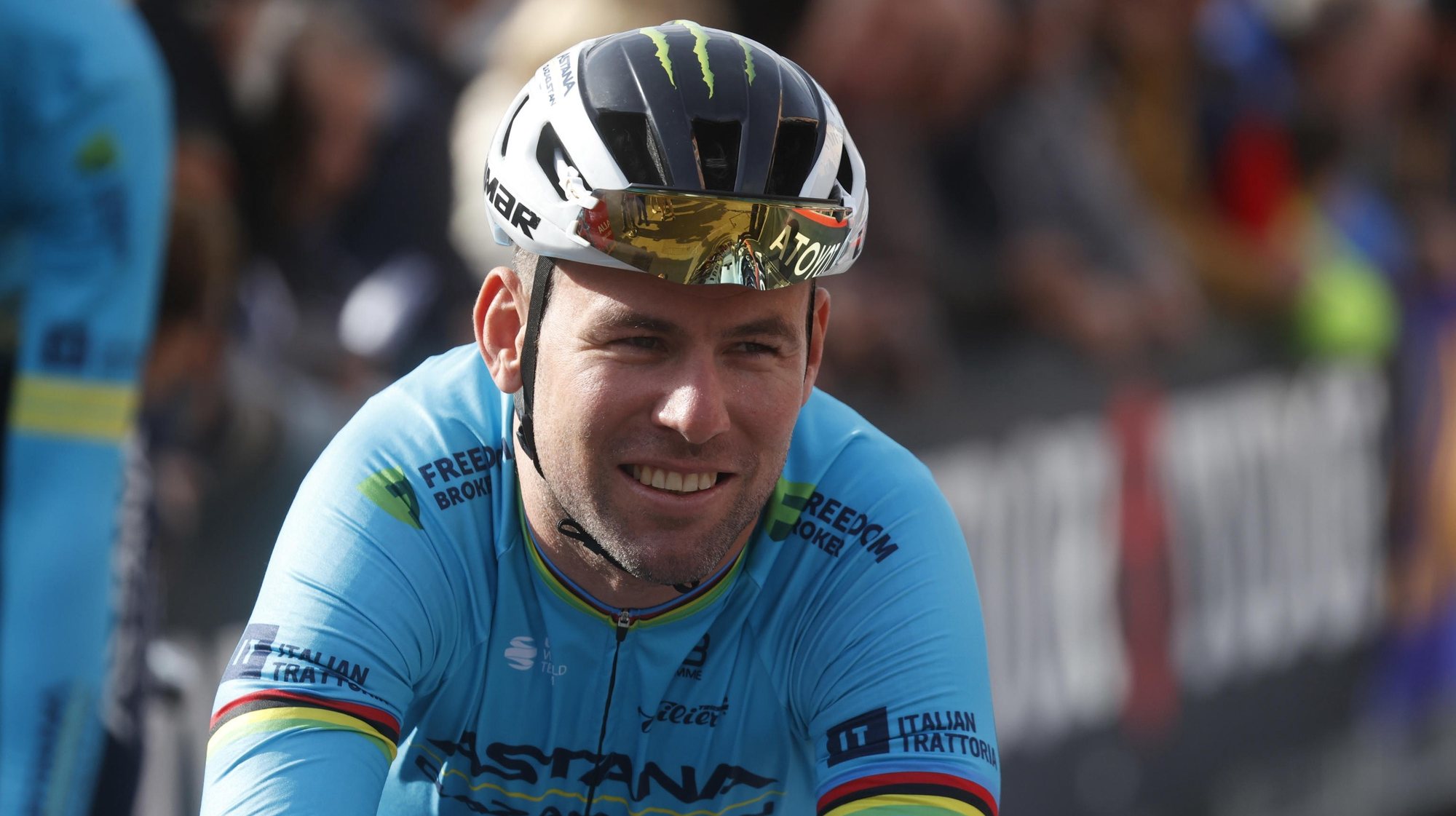 epa11200198 Mark Cavendish of the Astana Qazaqstan Team before the start 2nd stage of the 59th Tirenno-Adriatico cycling race, a race of 198km from from Camaiore to Follonica, Italy, 05 March 2024.  EPA/ROBERTO BETTINI