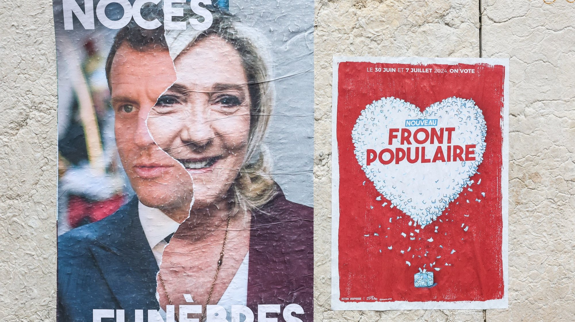 epa11455806 A poster with a photograph of French President Emmanuel Macron (L) and French member of Parliament for far-right Rassemblement National (RN) party Marine Le Pen (2-L), reads &#039;funeral wedding&#039;, next to a sticker for &#039;New Popular Front&#039;, pictured during a rally called by French unions and civil society organisation against far right party RN, ahead of second round of elections, in Paris, France, 03 July 2024. A protest was organised, on 03 July, by some of the French independent media as well as labour unions and civil society organisations, to call for a &#039;Democratic Front against far right&#039; in Place de la Republique in Paris, as France&#039;s far right National Rally has made significant gains in the first round of parliamentary elections one week earlier. The second round of the elections for a new Parliament is to be held on 07 July 2024.  EPA/MOHAMMED BADRA