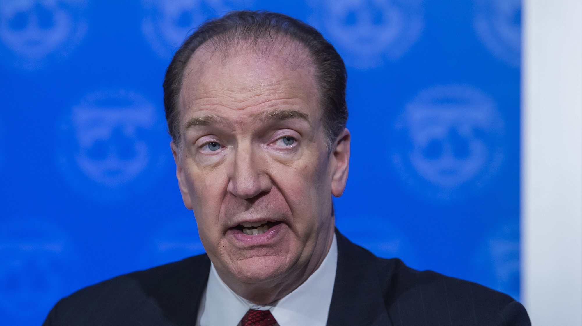 epa08269366 World Bank Group President David Malpass participates in a joint press conference with International Monetary Fund Managing (IMF) Director Kristalina Georgieva  (unseen) on the organizations response to the COVID-19 coronavirus outbreak at the IMF headquarters in Washington, DC, USA, 04 March 2020. The two international organizations have also changed their upcoming annual spring meetings to a virtual gathering due to the COVID-19 coronavirus outbreak.  EPA/ERIK S. LESSER