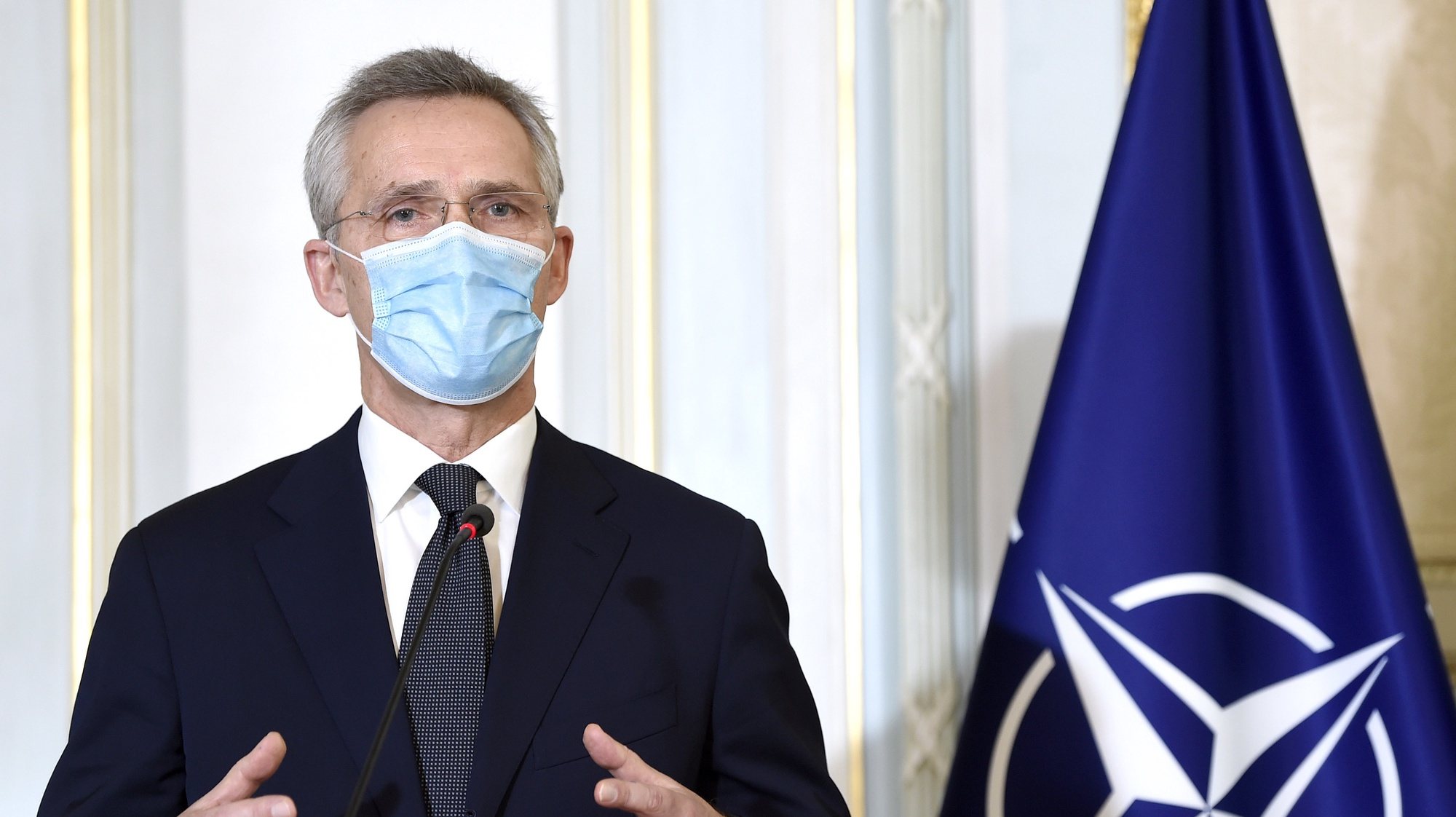epa08986665 NATO&#039;s Secretary General Jens Stoltenberg speaks at an introductory and work meeting with Belgian Prime Minister Alexander De Croo (not seen), in Brussels, Belgium, 04 February 2021.  EPA/DIDIER LEBRUN / POOL