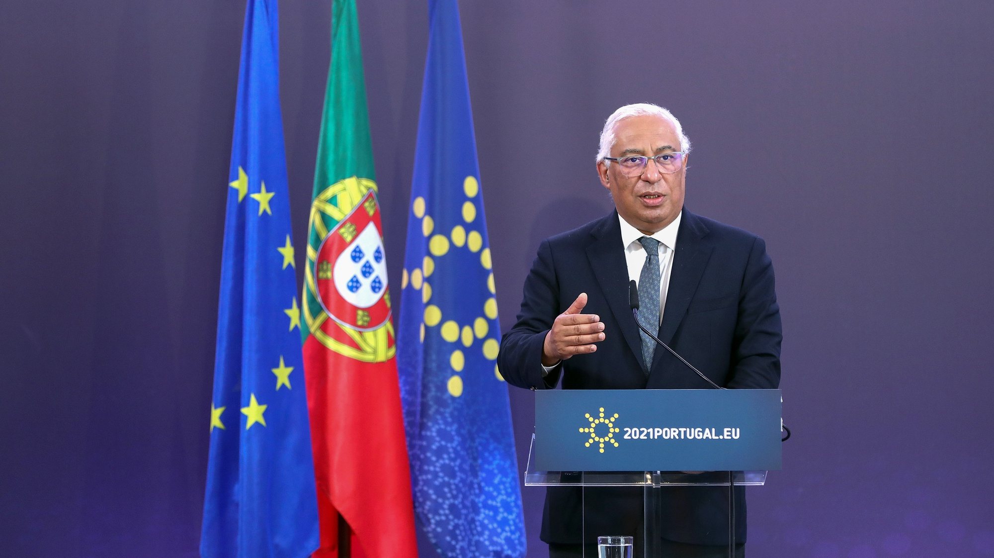 Portuguese Prime Minister Antonio Costa attends to a press conference after a two days video conference of the members of the European Council to discuss the current situation of the COVID-19 pandemic, preparedness for health threats, security and defence, and relations with the Southern Neighbourhood, in Lisbon, Portugal, 26 February 2021.  ANTONIO PEDRO SANTOS/LUSA