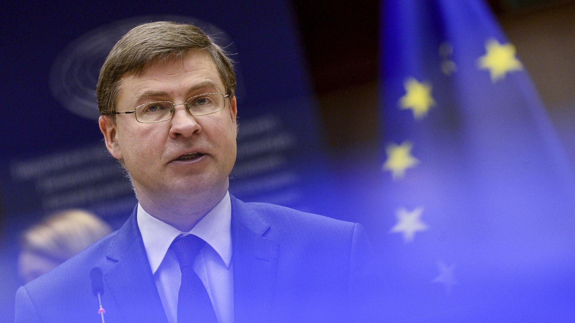 epa09064910 European Commission Vice-President Valdis Dombrovskis speaks during a plenary session at the European Parliament in Brussels, Belgium, 10 March 2021.  EPA/JOHANNA GERON / POOL