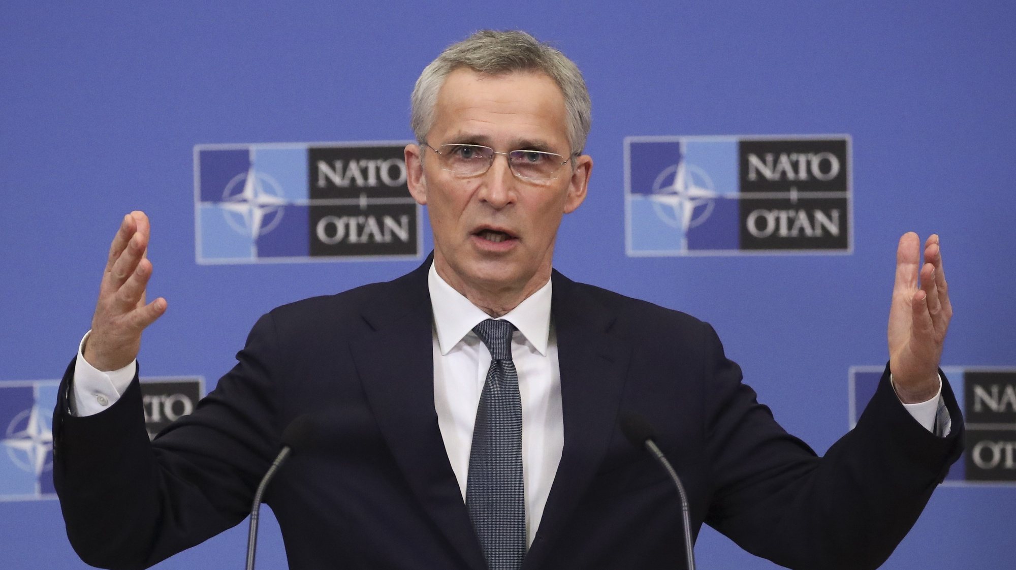epa09077636 NATO Secretary General Jens Stoltenberg presents the Alliance&#039;s 2020 annual report during a news conference in Brussels, Belgium, 16 March 2021.  EPA/YVES HERMAN / POOL