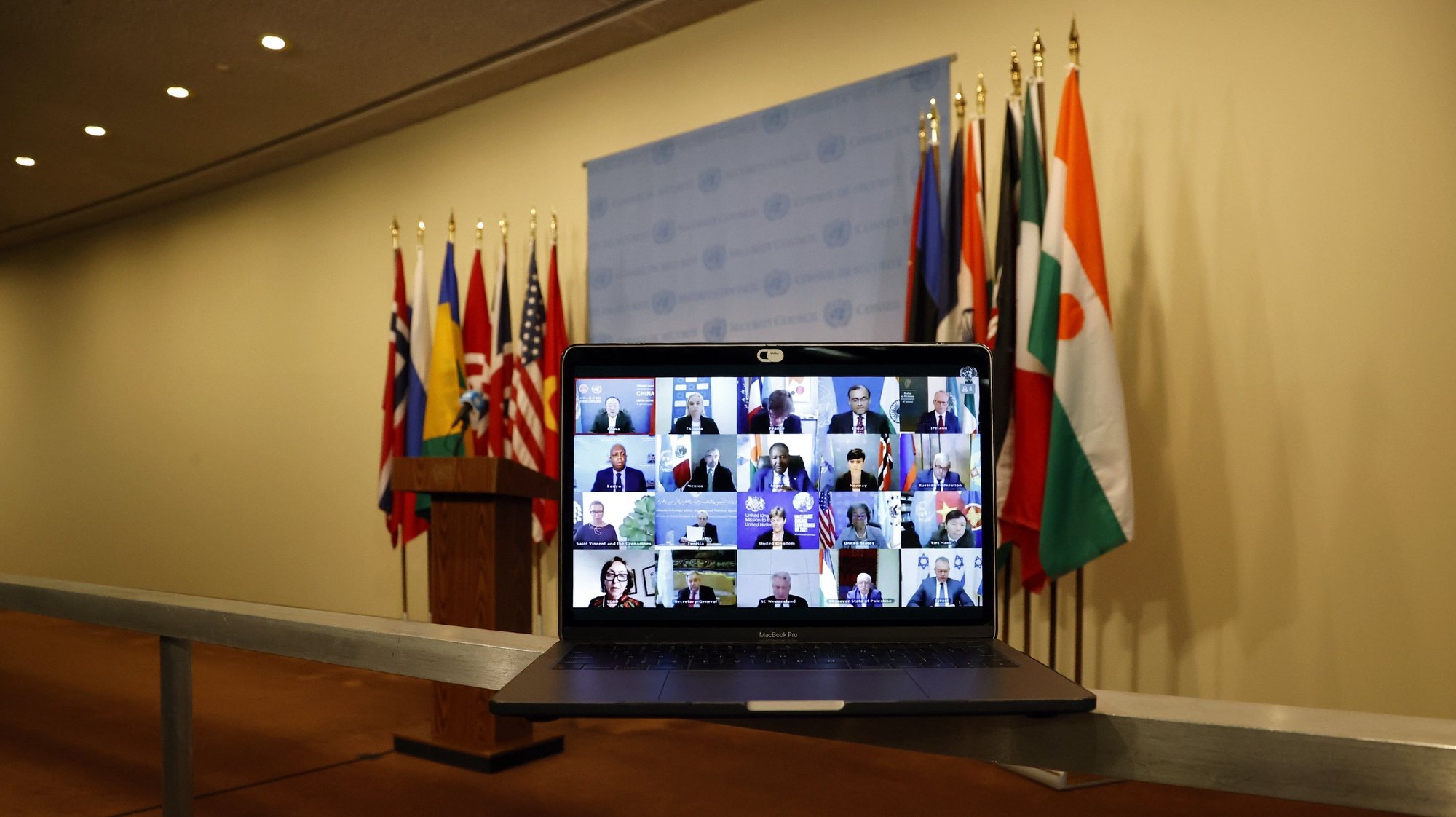 epa09204722 A computer screen is seen while members of the United Nations Security Council meet virtually on the situation in the Middle East, including the Palestinian question outside the Security Council stakeout area at United Nations Headquarters in New York, New York, USA, 16 May 2021.  EPA/JASON SZENES
