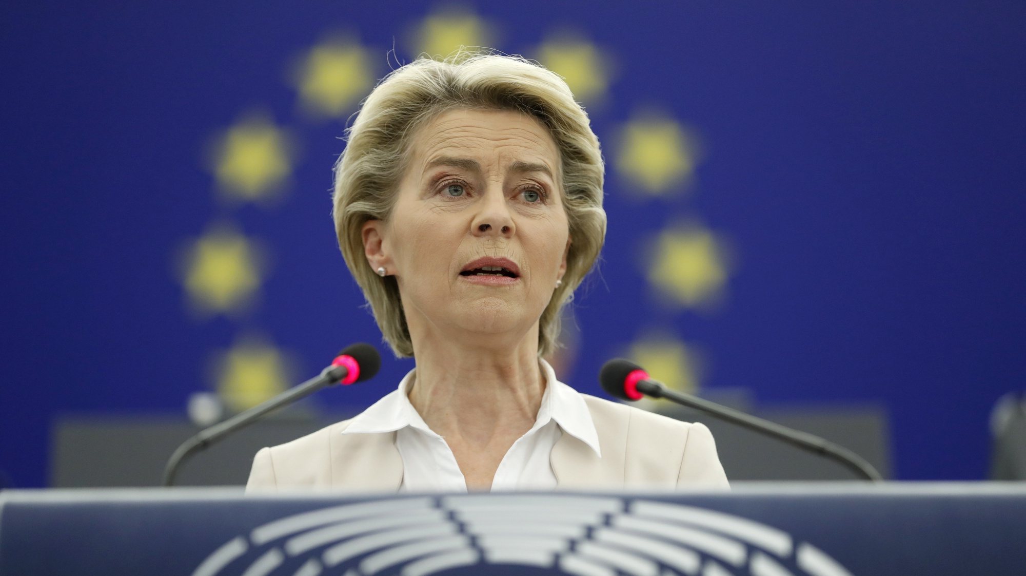 epa09254580 European Commission President Ursula von der Leyen speaks at the European Parliament in Strasbourg, eastern France, 08 June 2021. The European Parliament&#039;s headquarters opened for a plenary session after being closed for 15 months due to the COVID-19 pandemic.  EPA/JEAN-FRANCOIS BADIAS / POOL