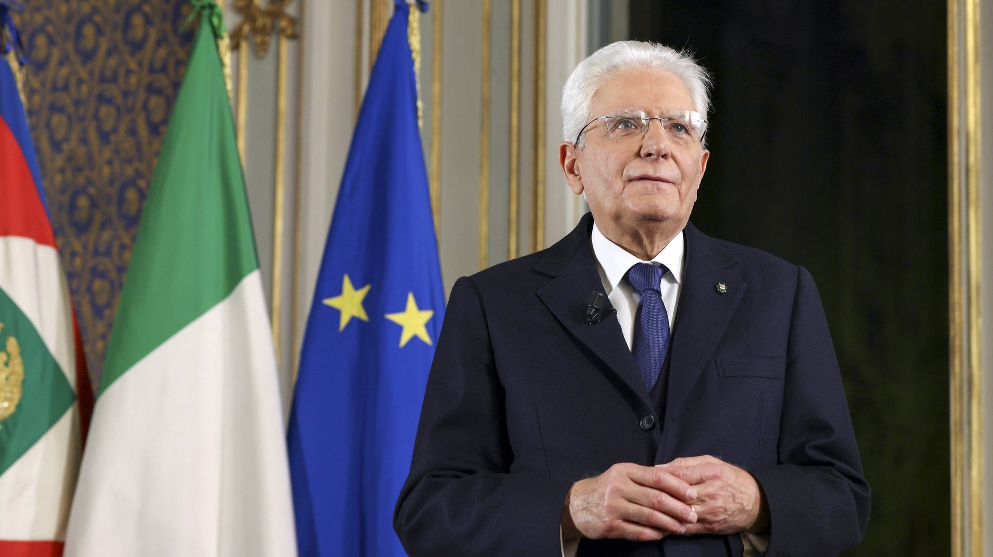 epa09661735 A handout photo made available by the Quirinal Press Office shows Italian President Sergio Mattarella delivering his year-end speech, the last of his seven-year term, in Rome, Italy, 31 December 2021.  EPA/PAOLO GIANDOTTI / Quirinal Press Office/ HANDOUT  HANDOUT EDITORIAL USE ONLY/NO SALES