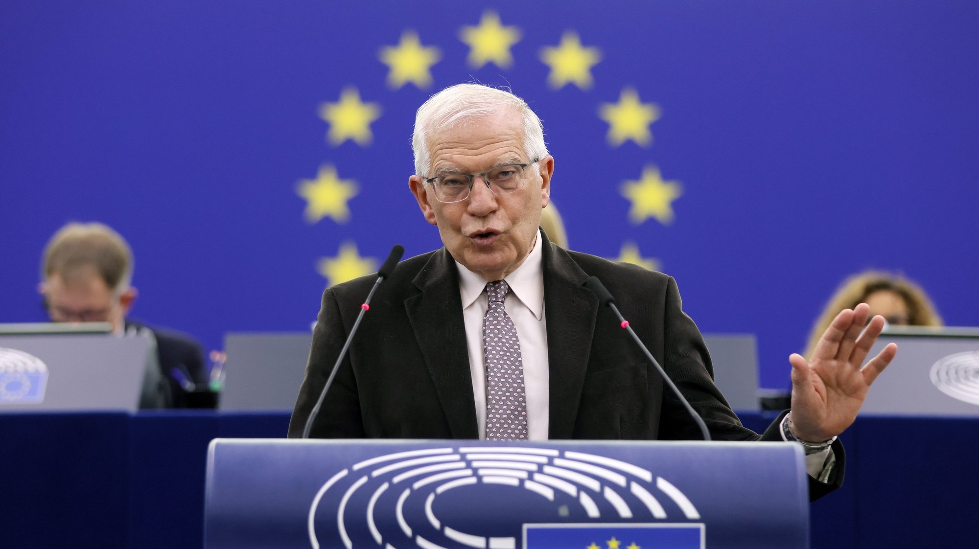 epa09873200 European Union foreign policy chief Josep Borrell delivers a speech during a debate at the European Parliament in Strasbourg, France, 06 April 2022. The European Parliament on 06 April will review the results of the European Council held on 24 and 25 March, focusing on the latest developments of the war in Ukraine and the EU sanctions against Russia.  EPA/RONALD WITTEK