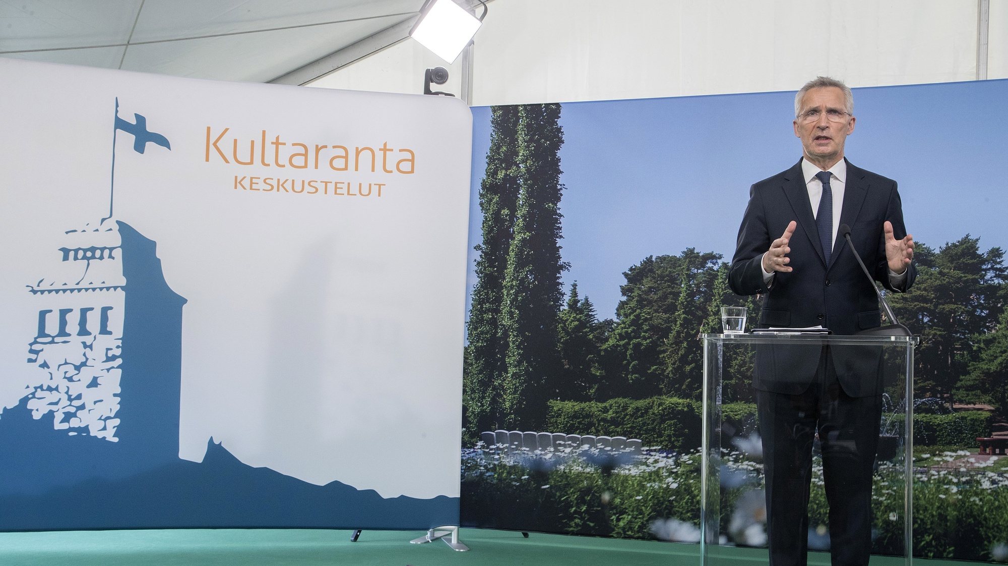 epa10009614 Nato Secretary General Jens Stoltenberg during a press conference at The Kultaranta Talks in Naantali Finland, Finland, 12 June 2022. The Kultaranta Talks is being hosted by President Sauli Niinisto on 12-13 June 2022. This year, the title of this foreing and security policy discussion event is &#039;Responsible, strong and stable Nordic region&#039;. The main guests are NATO Secretary General Jens Stoltenberg and Prime Minister of Norway Jonas Gahr Store at the Presidential summer residence Kultaranta, located on the island of Luonnonmaa.  EPA/MAURI RATILAINEN