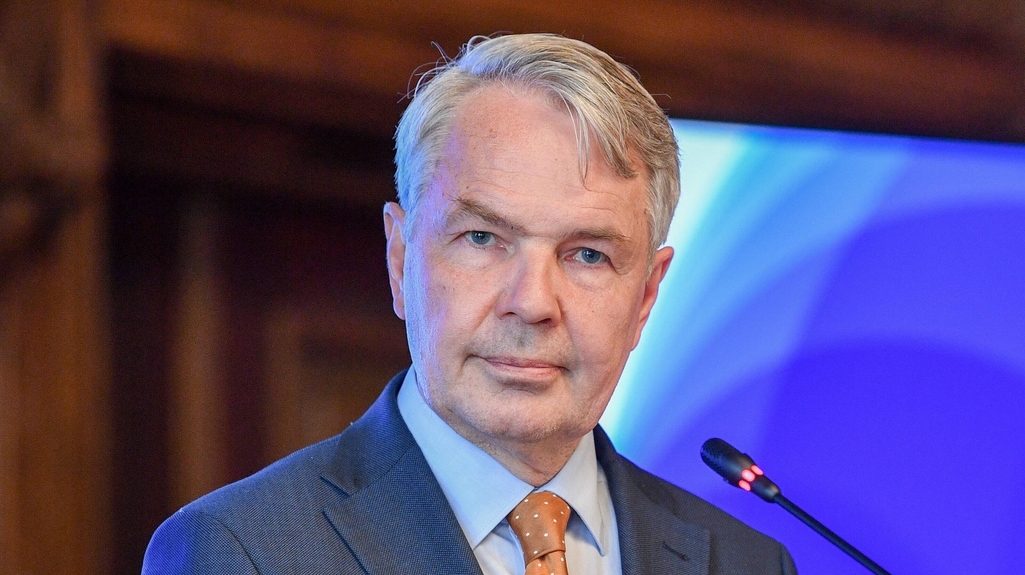 epa10045539 Minister of Foreign Affairs of Finland Pekka Haavisto during the press conference after the meeting with Polish Minister of Foreign Affairs Zbigniew Rau in Helsinki, Finland, 01 July 2022. Minister Rau is on a one-day visit to Finland.  EPA/Radek Pietruszka POLAND OUT