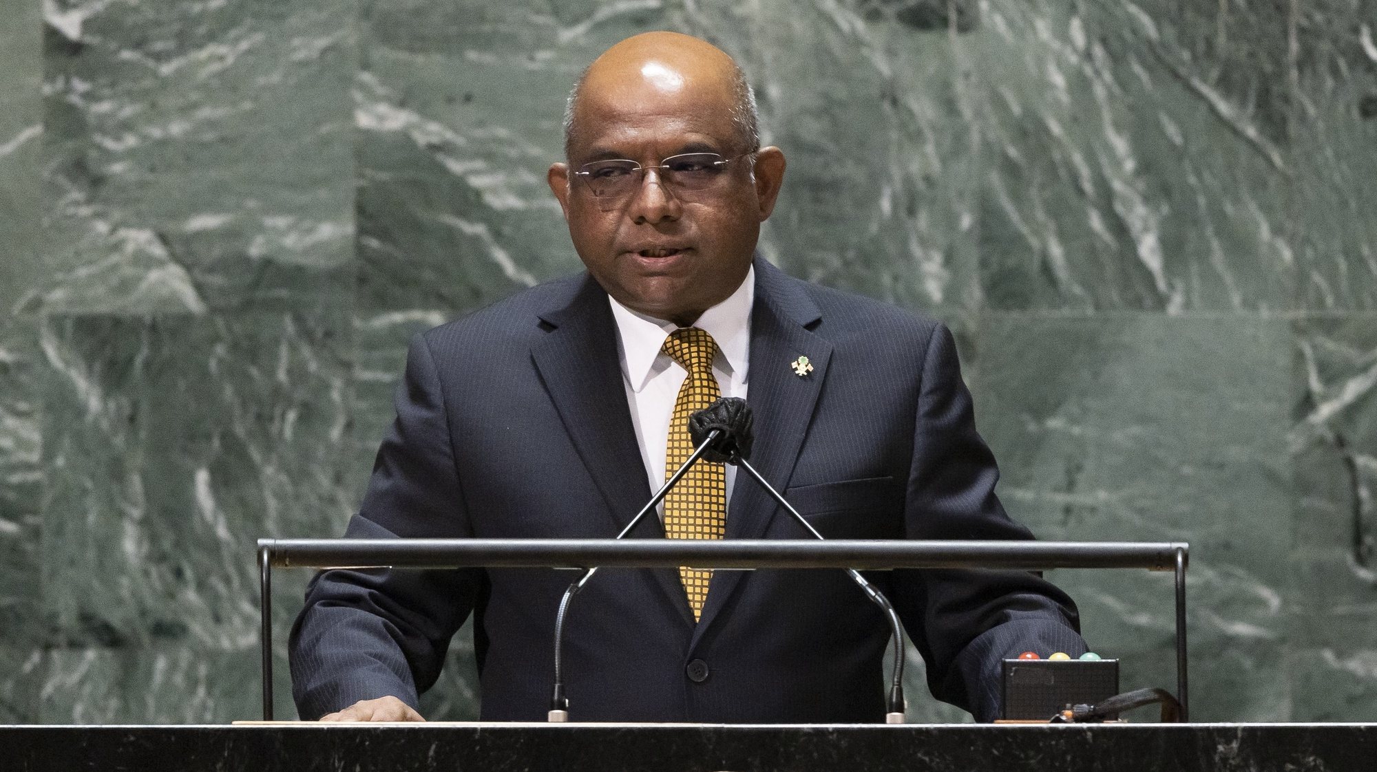 epa09481461 Abdulla Shahid, President of the United Nations General Assembly during the 76th session, speaks during a high-level meeting to commemorate the twentieth anniversary of the adoption of the Durban Declaration being held during the General Debate of the 76th Session of the United Nations General Assembly in New York, New York, USA, 22 September 2021.  EPA/JUSTIN LANE