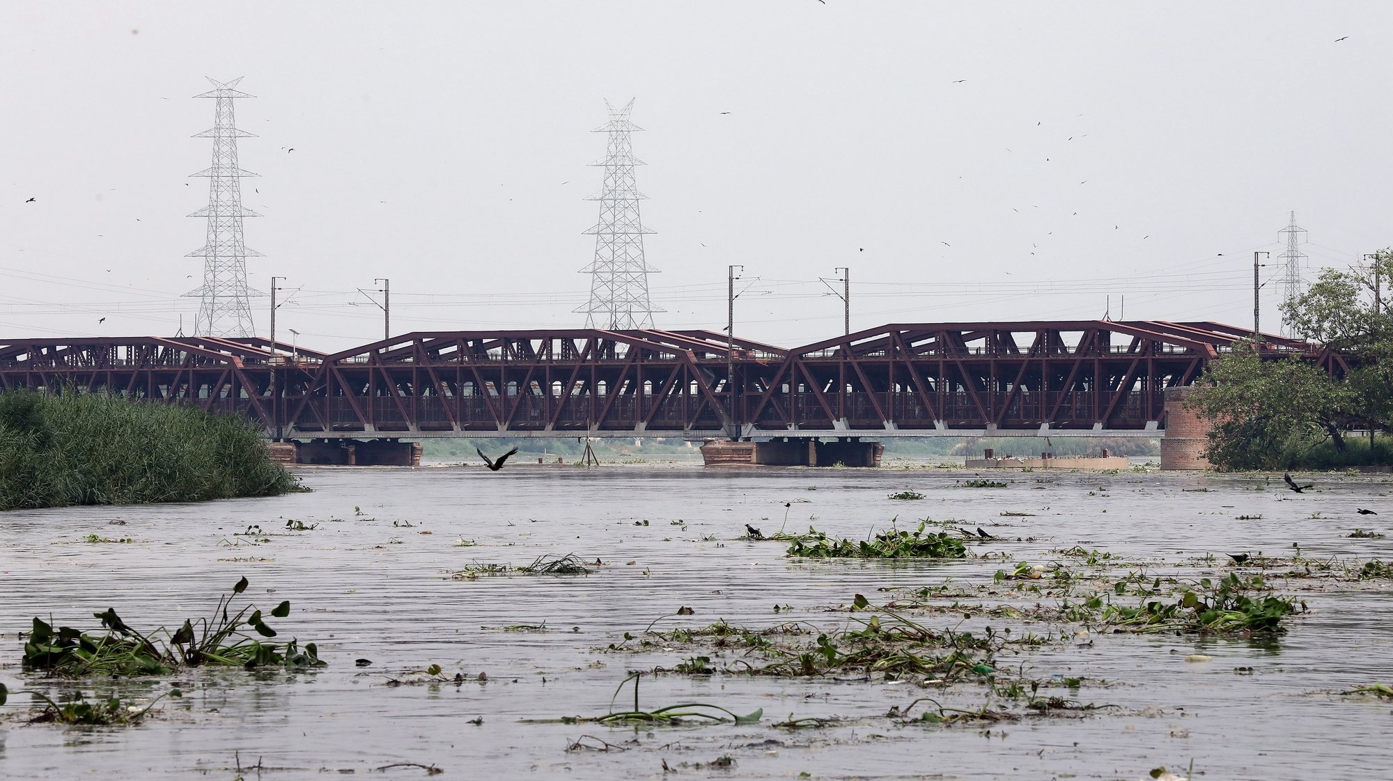 epa07780627 A view on an Old Yamuna bridge over flooded Yamuna river in New Delhi, India, 19 August 2019. Yamuna river level is above the danger mark in Delhi and government has issued warning over flooding situation and asked people living on the river bed areas to evacuate their homes due to the safety measures.  EPA/HARISH TYAGI