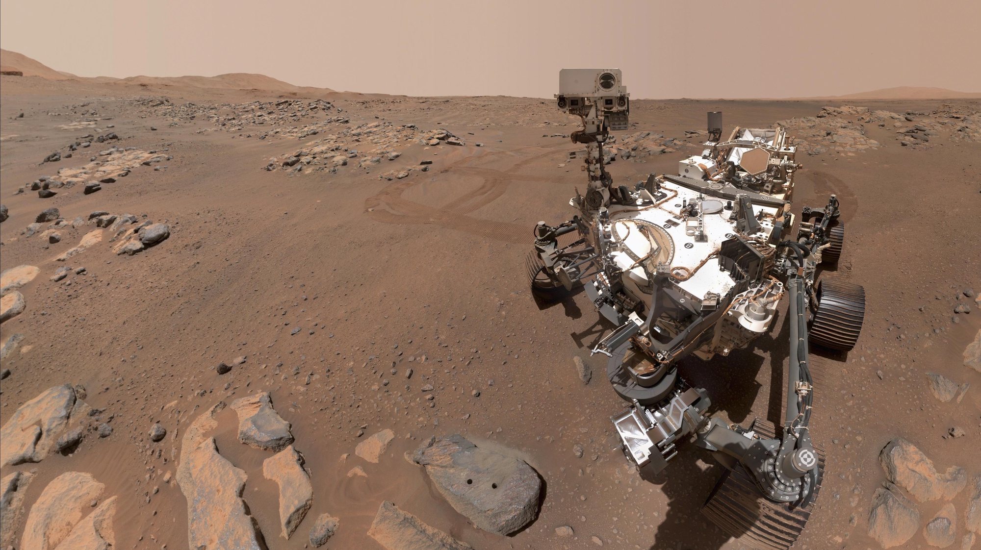 epa09486865 A handout picture made available by the National Aeronautics and Space Administration (NASA) shows NASA&#039;s Perseverance Mars rover taking a selfie over a rock nicknamed &#039;Rochette&#039; (C, bottom) on 10 September 2021, the 198th Martian day, or sol of the mission (issued 25 September 2021). Two holes can be seen where the rover used its robotic arm to drill rock core samples. This image is made up of 57 individual images that are sent back down to Earth and stitched into the resulting selfies.  EPA/NASA/JPL-Caltech/MSSS HANDOUT  HANDOUT EDITORIAL USE ONLY/NO SALES