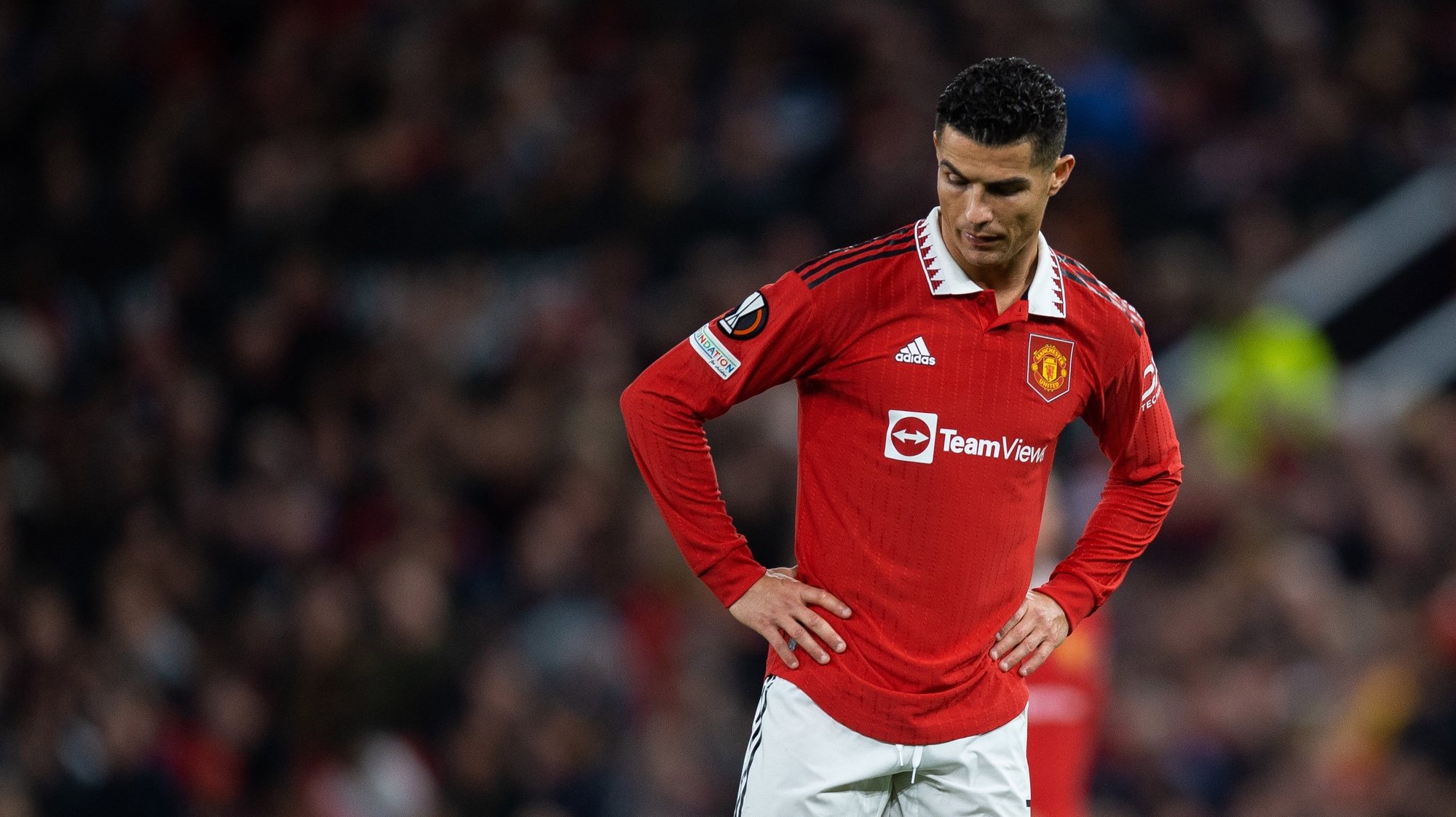 epa10242201 Manchester United&#039;s Cristiano Ronaldo reacts during the UEFA Europa League  group stage soccer match between Manchester United and Omonia Nicosia at Old Trafford in Manchester, Britain, 13 October 2022.  EPA/PETER POWELL .