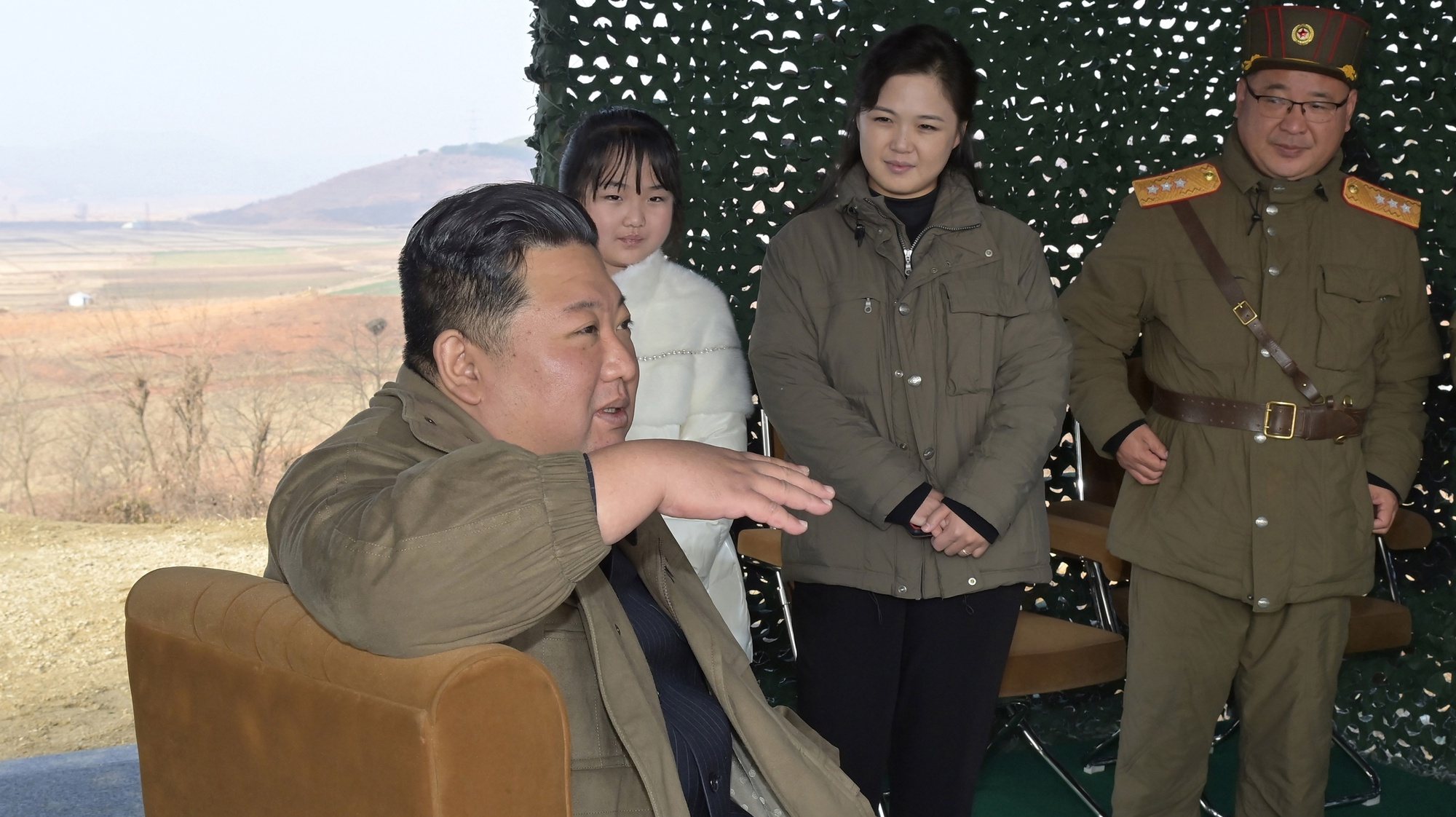epa10313520 A photo released by the official North Korean Central News Agency (KCNA) shows North Korean leader Kim Jong-Un (L), accompanied by his daughter (2-L), and his wife Ri Sol Ju (3-L), during the test firing of a new type of intercontinental ballistic missile (ICBM) Hwasongpho-17 at Pyongyang International airport in Pyongyang, North Korea, 18 November 2022 (Issued on 19 November 2022). According to KCNA, the missile traveled up to a maximum altitude of 6,040.9 kilometres and flew a distance of 999.2 kilometres for 4,135s before landing in open waters of the East Sea.

Thank you  EPA/KCNA   EDITORIAL USE ONLY
