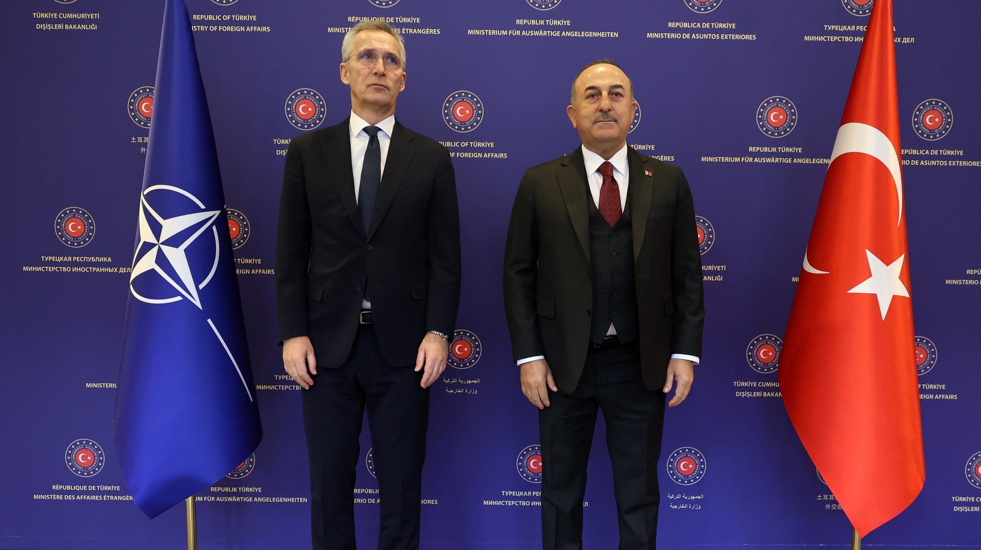 epa10469748 Turkish Foreign Minister Mevlut Cavusoglu (R) and NATO Secretary General Jens Stoltenberg (L) pose for a photo before their meeting in Ankara, Turkey, 16 February 2023. Stoltenberg visits Turkey due to the earthquakes in the southeast of Turkey.  EPA/NECATI SAVAS